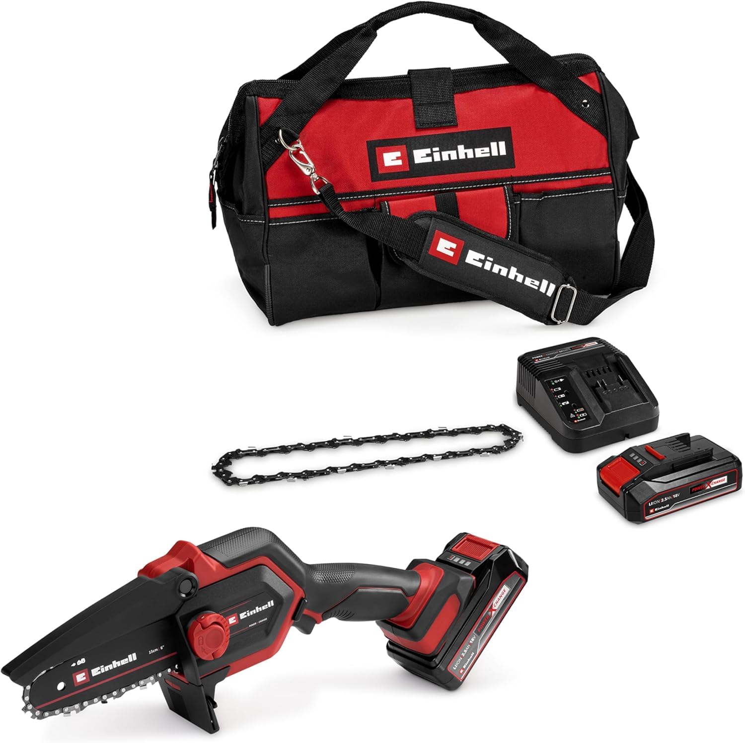 Einhell Motosega a batteria GE-PS 18/15 Li Bag Kit Power X-Change (18 V, Brushless, lunghezza di taglio 12,5 cm, con batteria 2,5 Ah, caricabatteria, catena di ricambio, Einhell Bag 45/29)