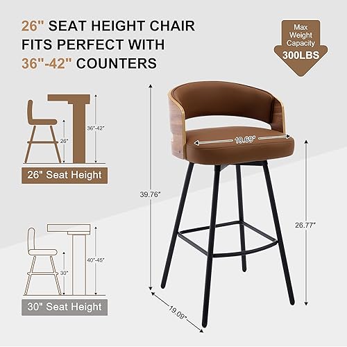 Miniatura 2 de Juego de 2 taburetes de bar giratorios de madera curvada de 26 pulgadas de altura de mostrador, taburetes de bar tapizados de piel sintética con