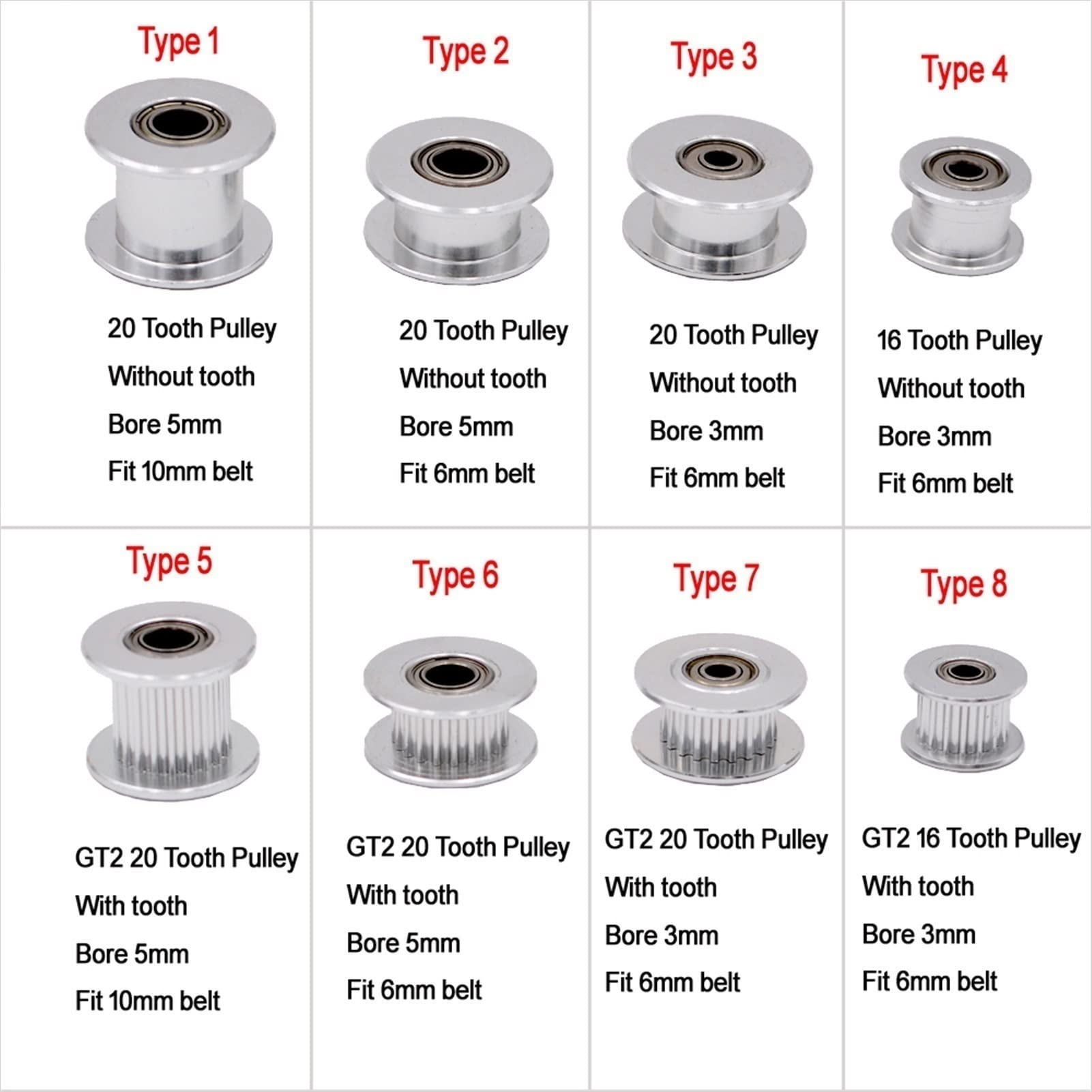 Lxuan-polea sincronizada Gt2 Polea de tiempo de la soldadora Polea de 16 dientes de 16 dientes con 3 mm o un orificio de 5 mm con rodamientos for piezas de impresora 3D Cinturón de tiempo 6 mm 10 mm,