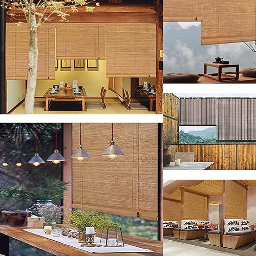 Miniatura 2 de Persianas romanas enrollables de bambú al aire libre, persianas romanas de bambú natural multitejido, sin cordones para ventanas, color madera, 18