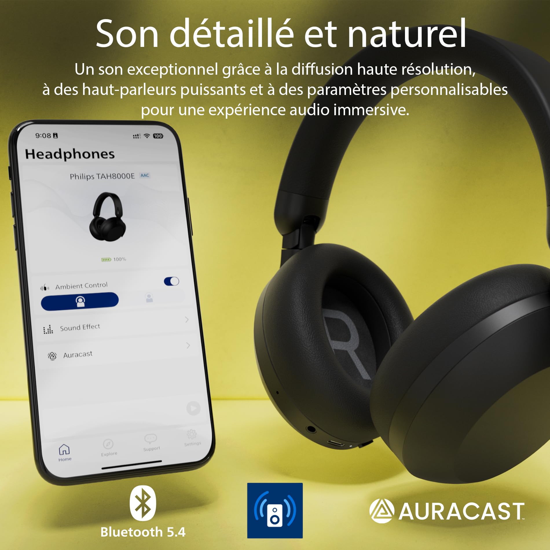 PHILIPS TAH8000EBK/00 Casque Bluetooth Supra-auriculaire sans Fil – réduction du Bruit, 70 h d’autonomie, Compatible avec l’Assistant Vocal, idéal pour Les Voyages – Noir