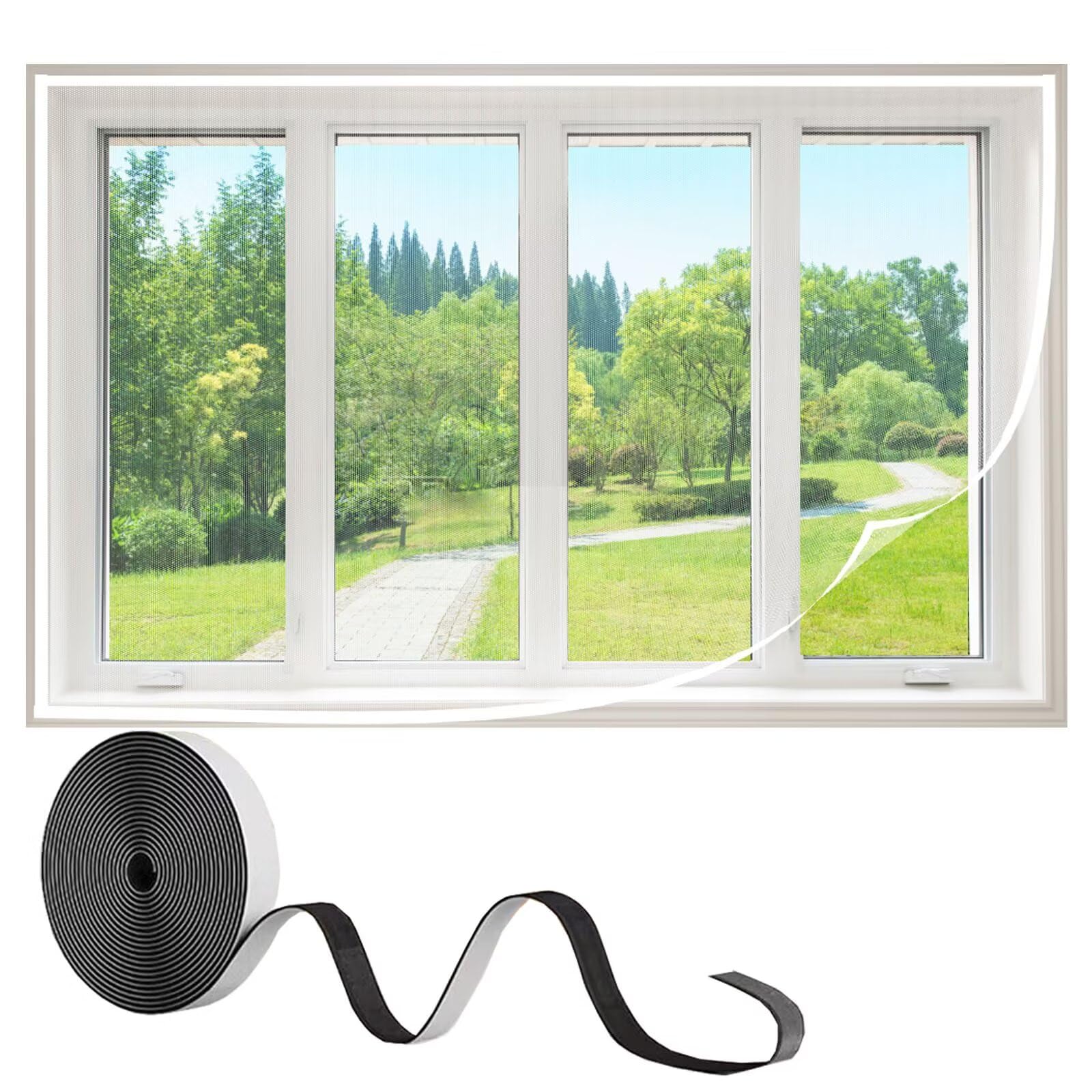 Ventana de protección contra insectos,215x210cm Puerta mosquitera con cinta de Cinta de Gancho y Bucle, cierre de Cinta de Gancho y Bucle de marco completo, para ventanas de oficina,Blanco
