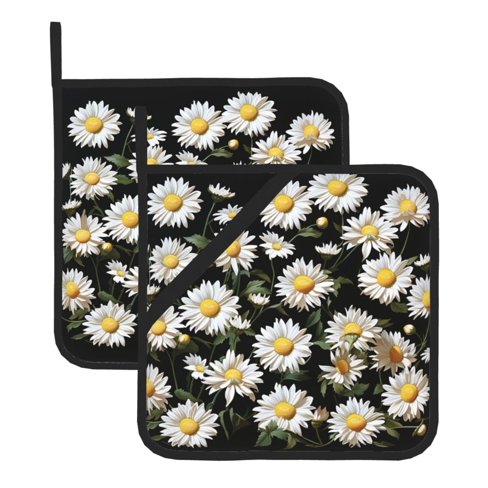 2 Pack Daisy Pot Holders for Kitchen Heat Resistant Pot Holders with Pocket Oven Potholders Washable Hot Pads for Cooking Baking Oven Pans Trivet 8x8 Inches