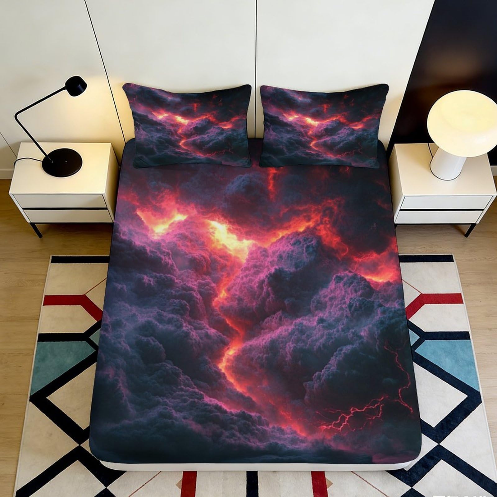3D Printed Fiery Thundercloud Fitted Sheet Microfiber Soft Breathable Lava Storm Mattress Cover for Bedroom Decor 90x200x25cm