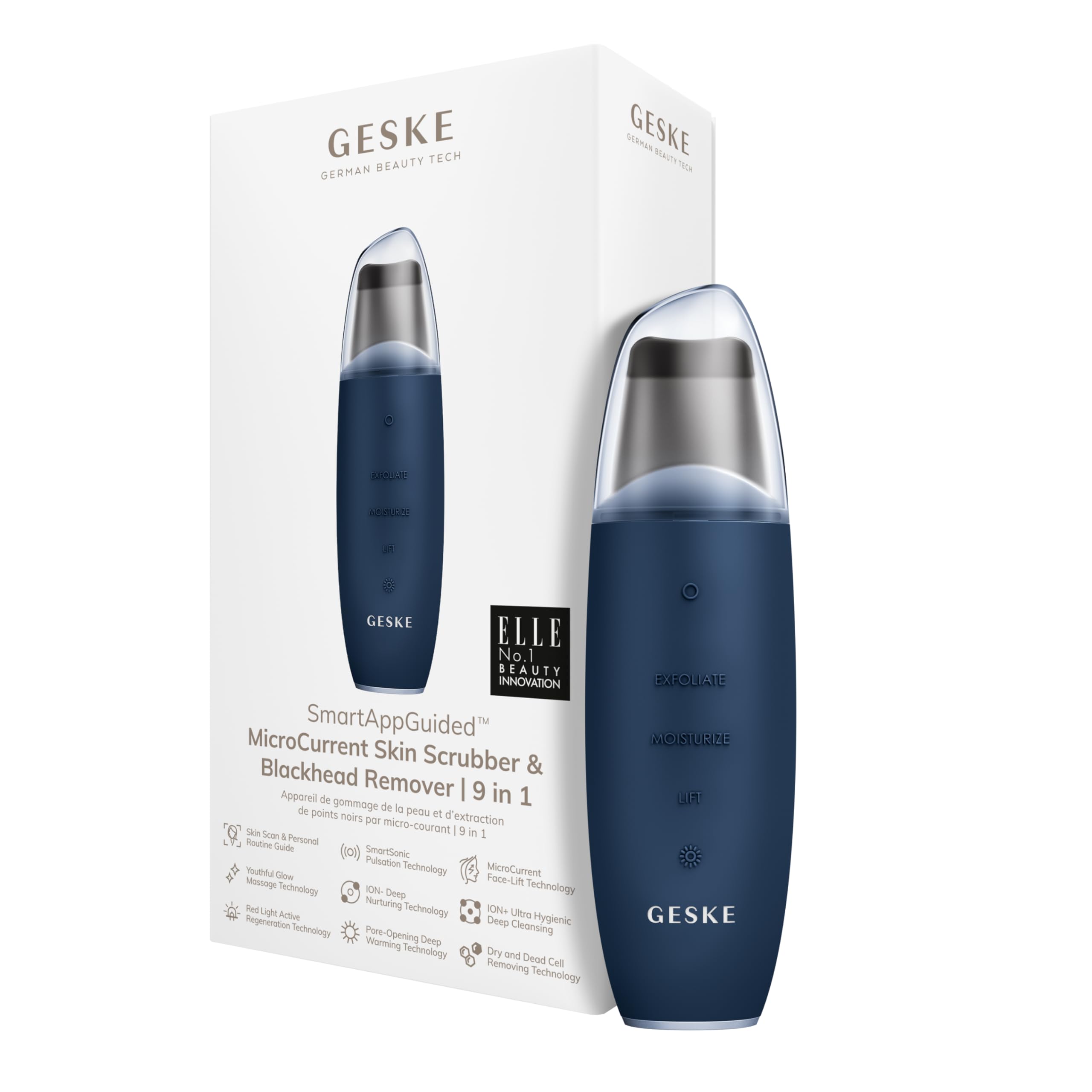 GESKE SmartAppGuided™ MicroCurrent Skin Scrubber & Blackhead Remover, 9 in 1, Skincare Tools, Face Cleaning, Anti Ageing and Cleansing, Professional Face Tightening, Blackhead Remover