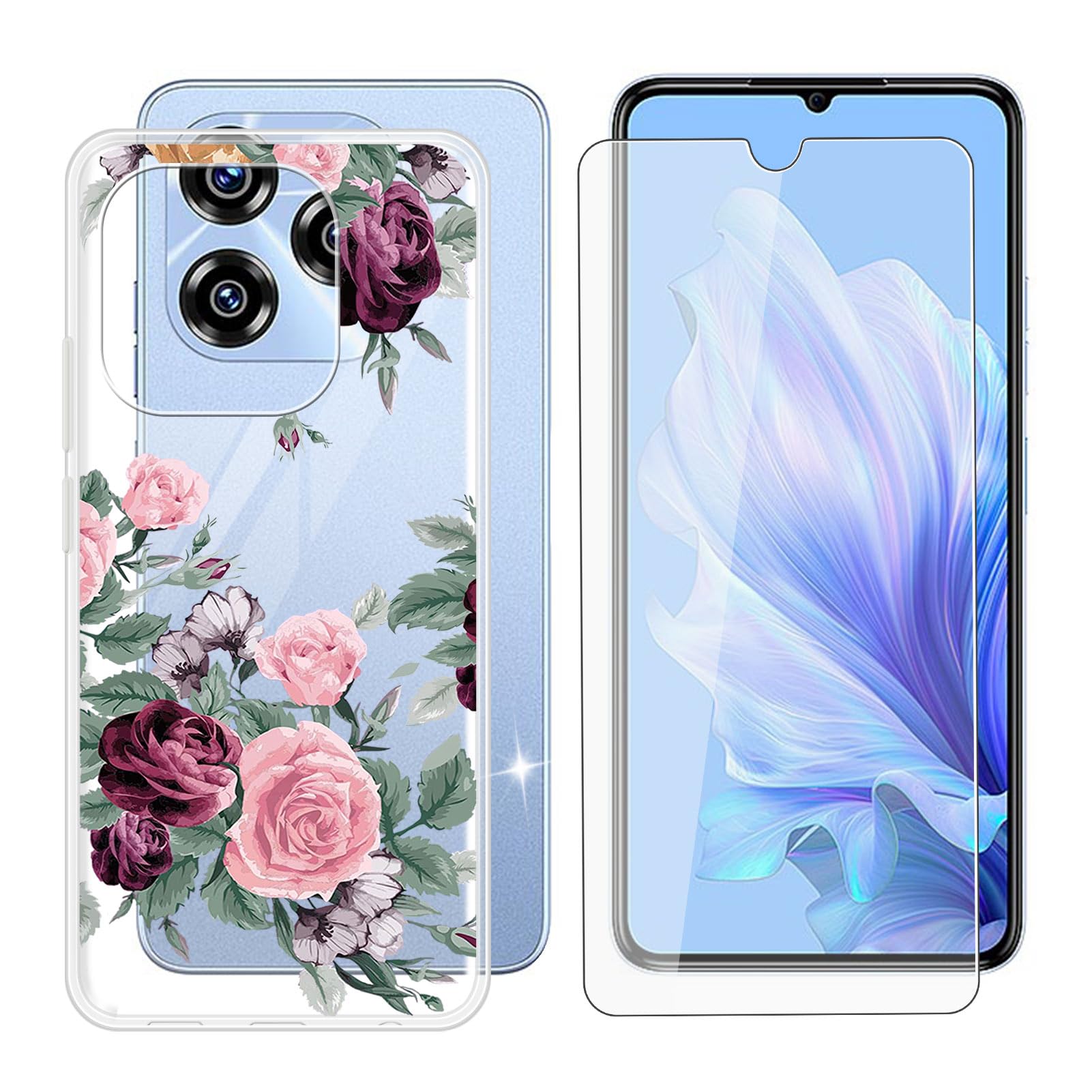 IJTYHF Cover for Oukitel C50 5G (6.80 inch) Screen Protector and Soft Silicone Shell Transparent Phone Case TPU Bumper - Tempered Glass 9H Hardness Protective Film -Pink. red rose