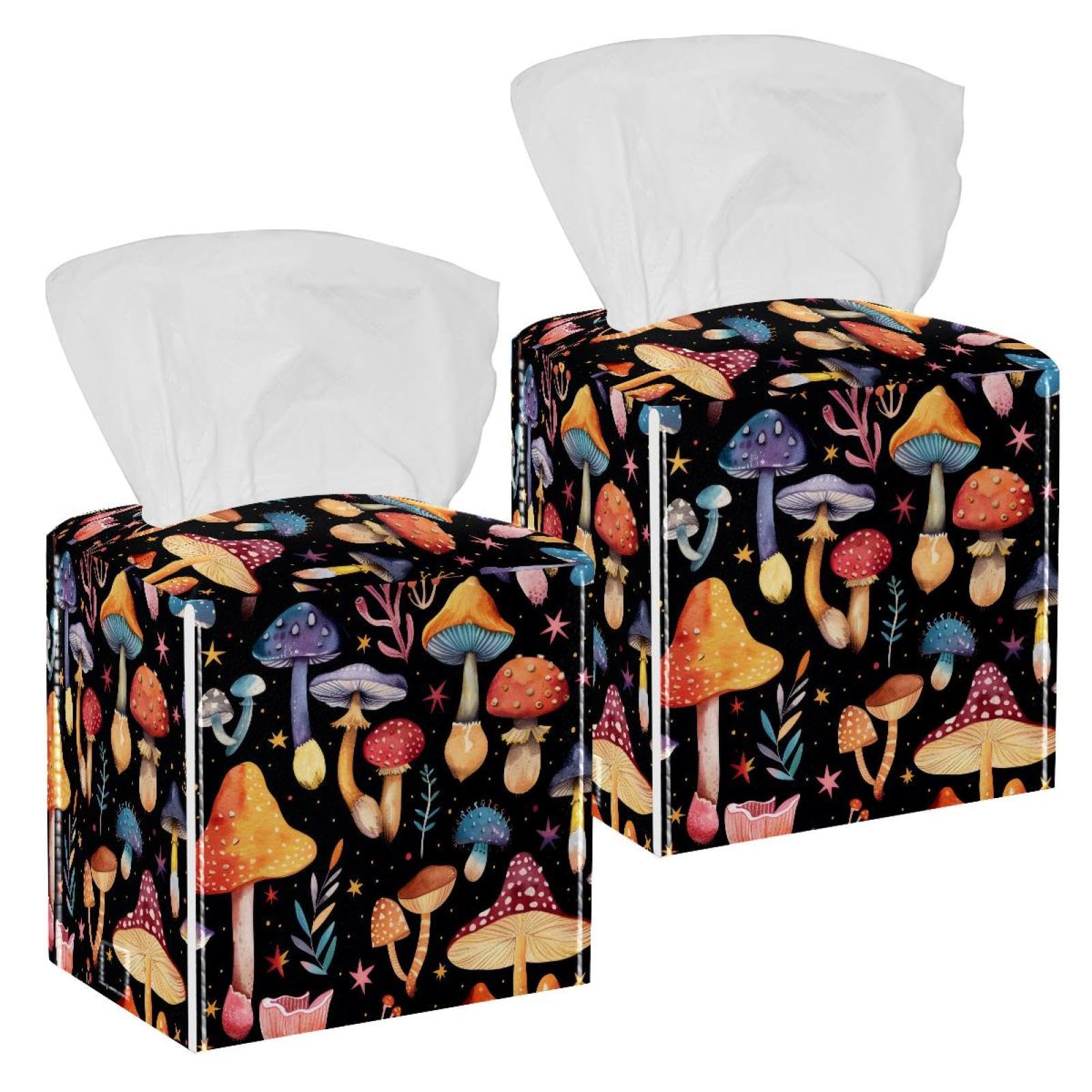 Colorful Mushroom Tissue Box Cover, 2 Pack PU Leather Square Facial Tissue Dispenser Box holder for Home Office Car