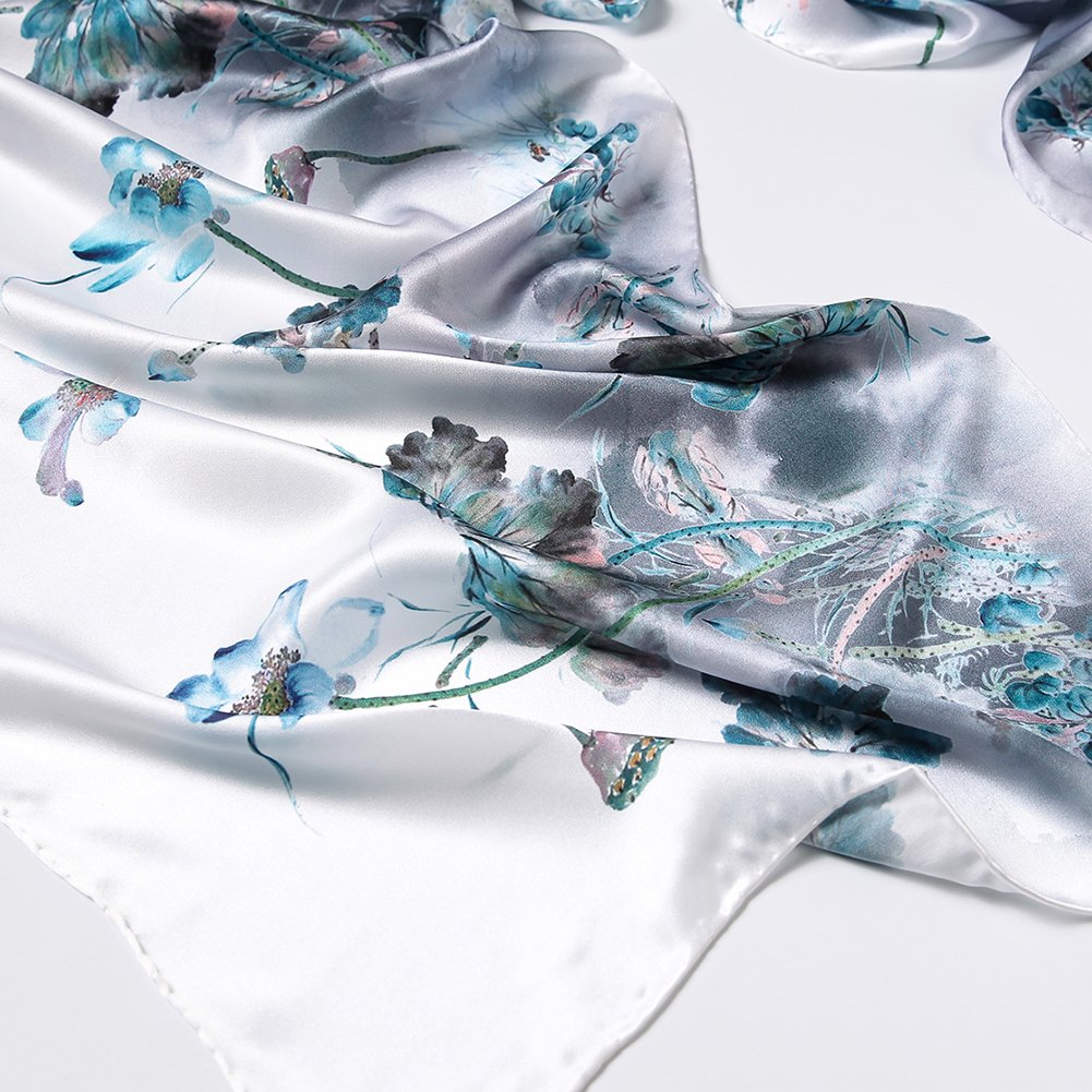 STORY OF SHANGHAI Sciarpa di 100% Seta Charmeuse da Donna Foulard a Raso con Fantasie Orientale, 56x177cm