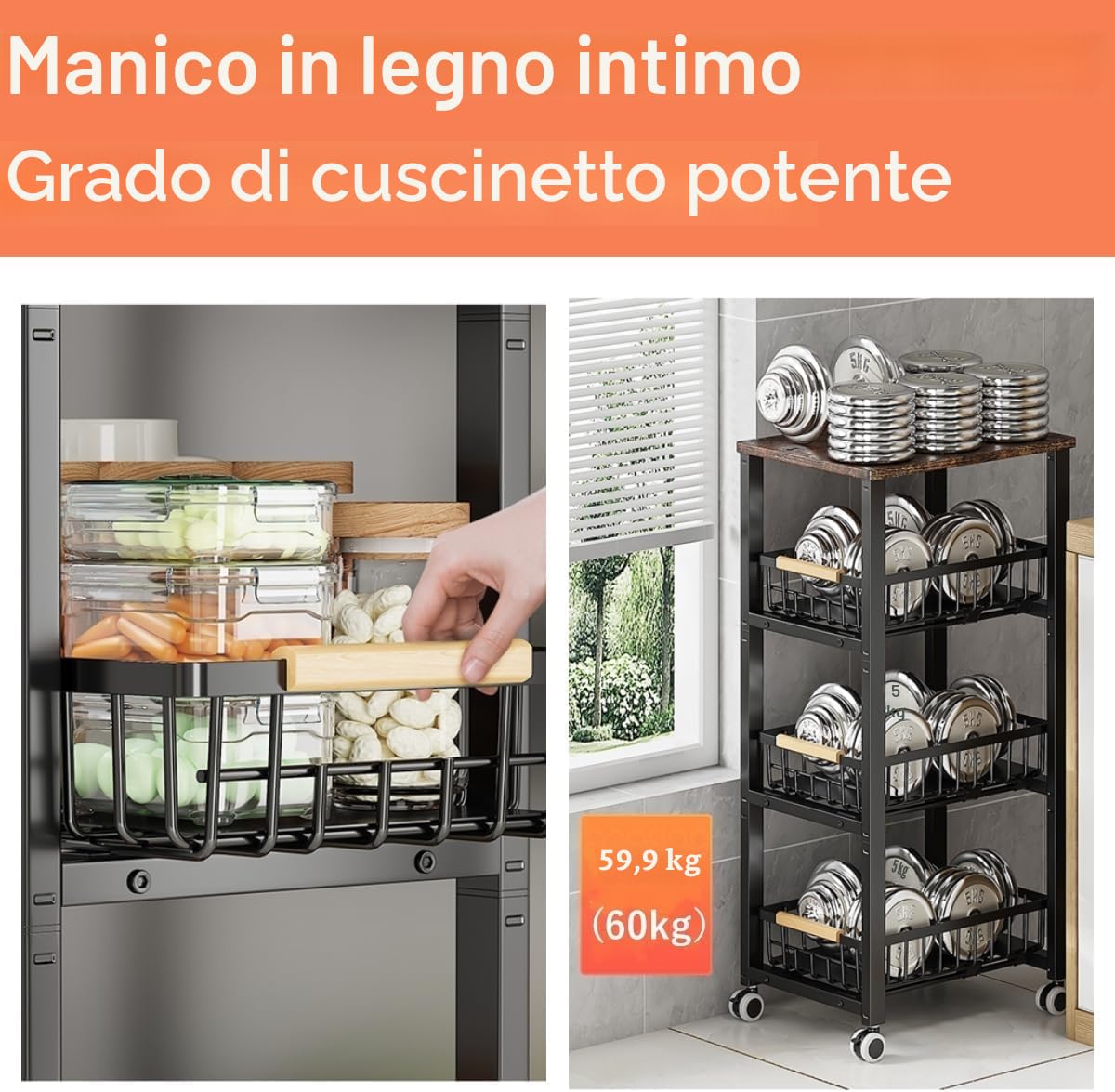 CarolynDesign Cestini in filo metallico con ruote, contenitori impilabili per cucina per frutta e verdura con carrello, con manico in legno estraibile, fondo in stuoia, cassetti scorrevoli, per bagno