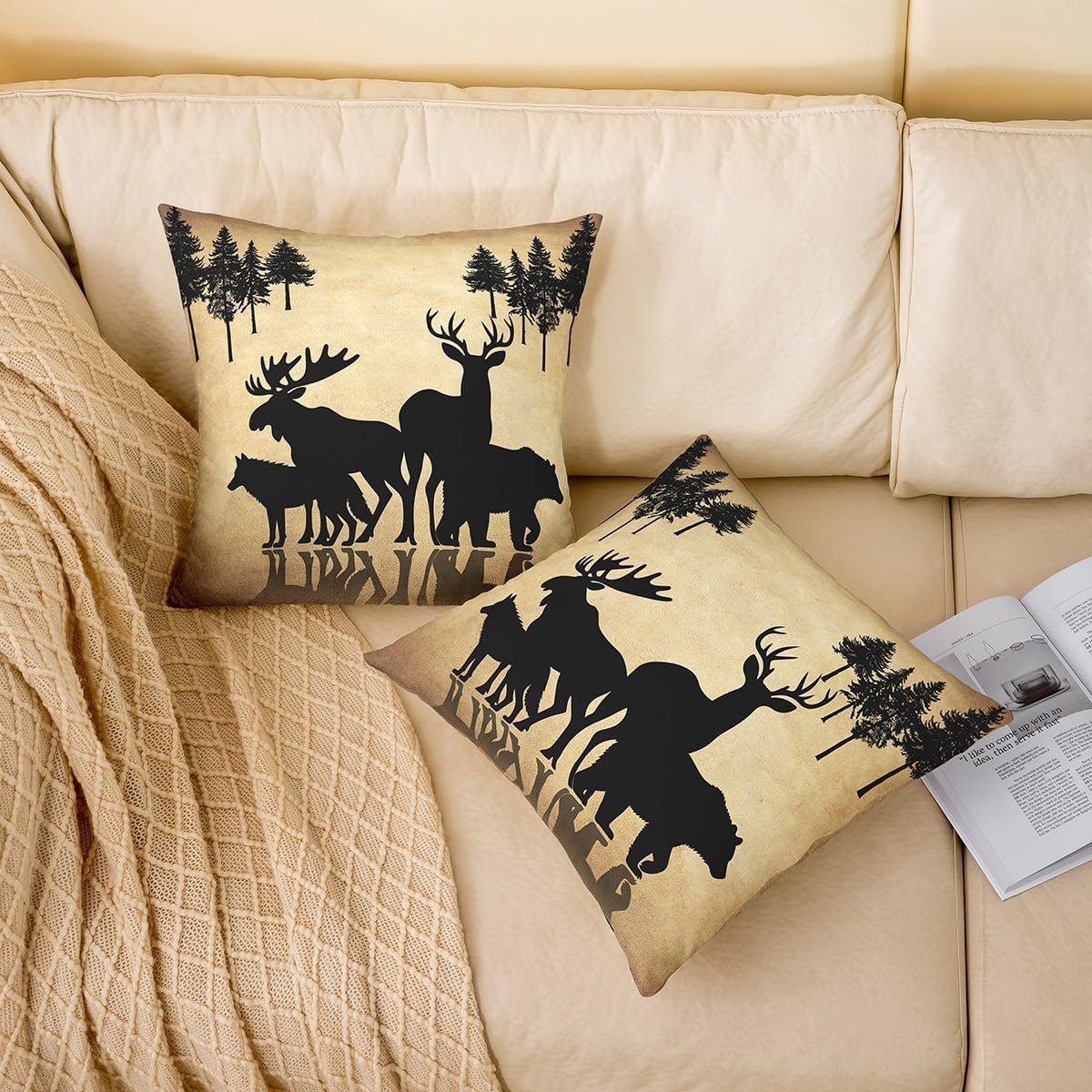 Hunting Bear Deer Pillow Covers 24x24 Inch Set of 2, Retro Rustic Cabin Throw Pillow Covers for Couch, Farmhouse Moose Wildlife Cushion Covers, Vintage Country Hunting Theme Decorative Pillow Covers