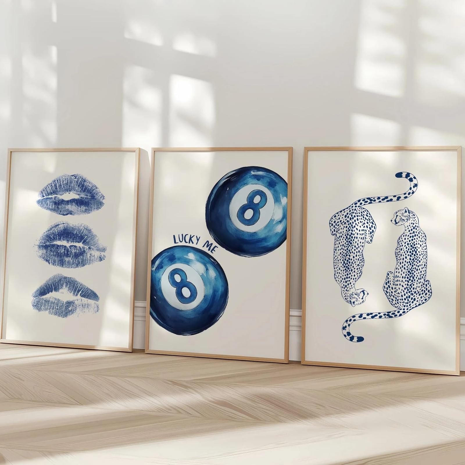 Zbello Girls 1 Set Of 3 Posters,Trendy Blue Cheetah Print,Retro Poster With 8 Balls,Wall Art, Kissing Lips,Room Decoration Lucky Picture Neat For ' Bedroom Decor,Unframe (40X60cm)
