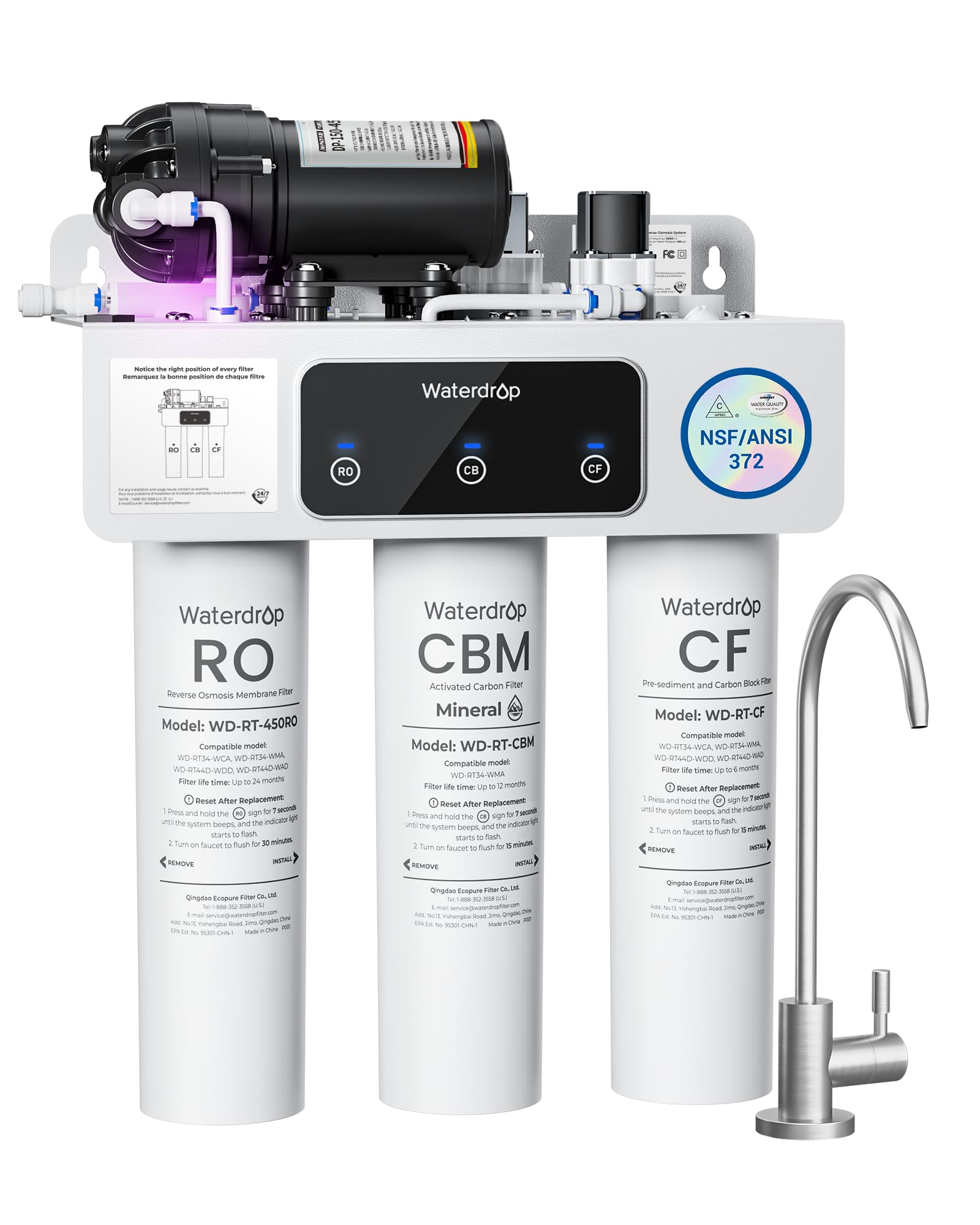 Waterdrop T3-M Remineralization Reverse Osmosis System, NSF/ANSI 372 Certified, 9-Stage RO Water Filter, 450 GPD Tankless Water Filtration System, 2:1 Pure-to-Drain Ratio, Plug-in Required