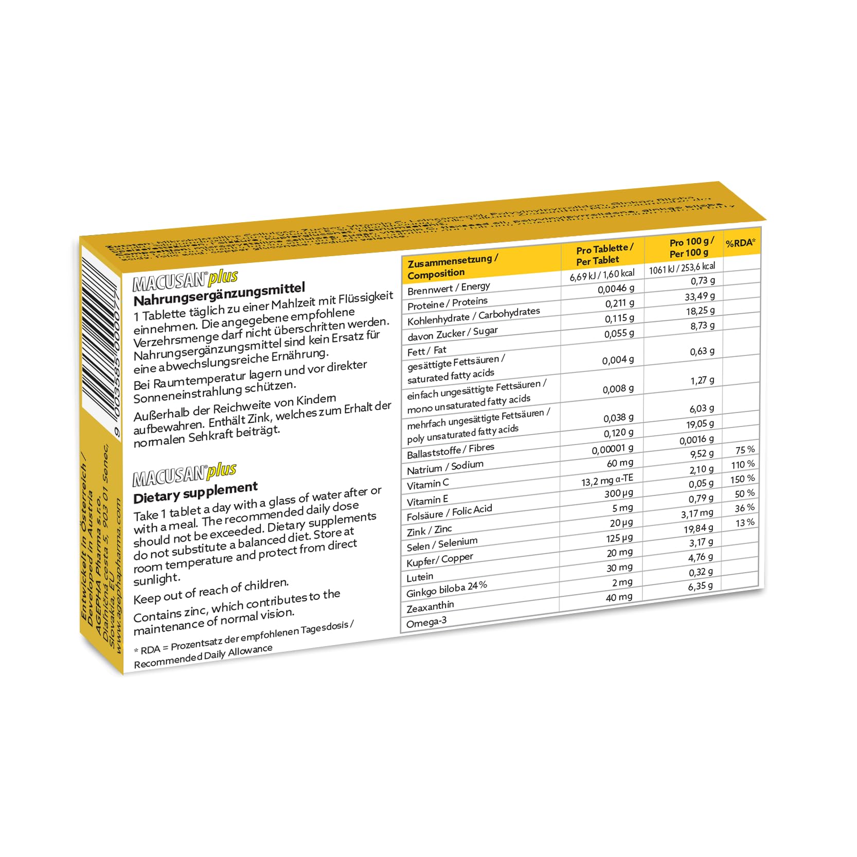 Macusan® Plus - Augenvitamine zur Behandlung von AMD - Makula-Unterstützung durch verstärkte Lutein und Zeaxanthin Formel - Zum Erhalt der normalen Sehkraft (30 Tabletten)