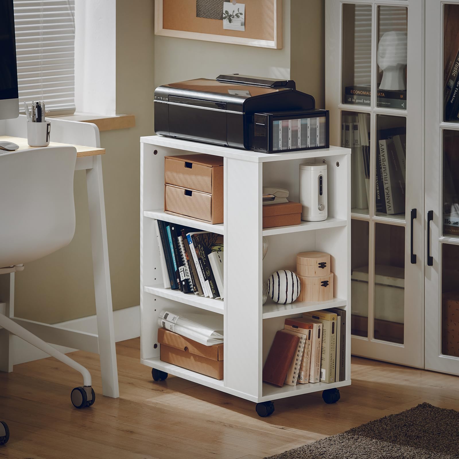 SoBuy Cassettiera Ufficio da Scrivania Porta Stampante su Ruote Schedario da Ufficio con Ripiani Regolabili Mobiletto Portaoggetti Mobiletto Salvaspazio Bianco 60x35x75cm FBT68-W