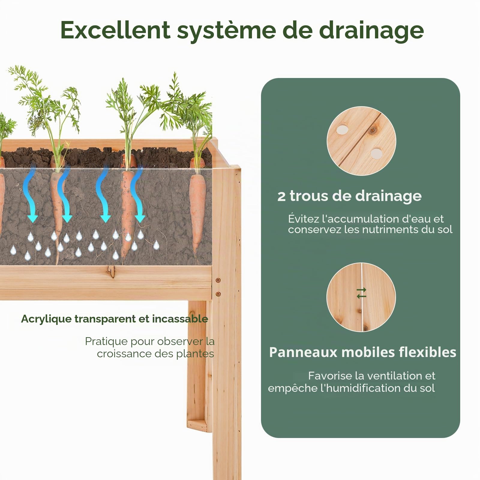 HOMASIS Carré Potager sur Pied en Bois de Sapin, Parterre de Fleurs Surélevée d'Extérieur avec Plaque Acrylique & 2 Trous d'échappement, Jardinière Surélevée pour Balcon, Jardin, 100 x 59 x 77 cm