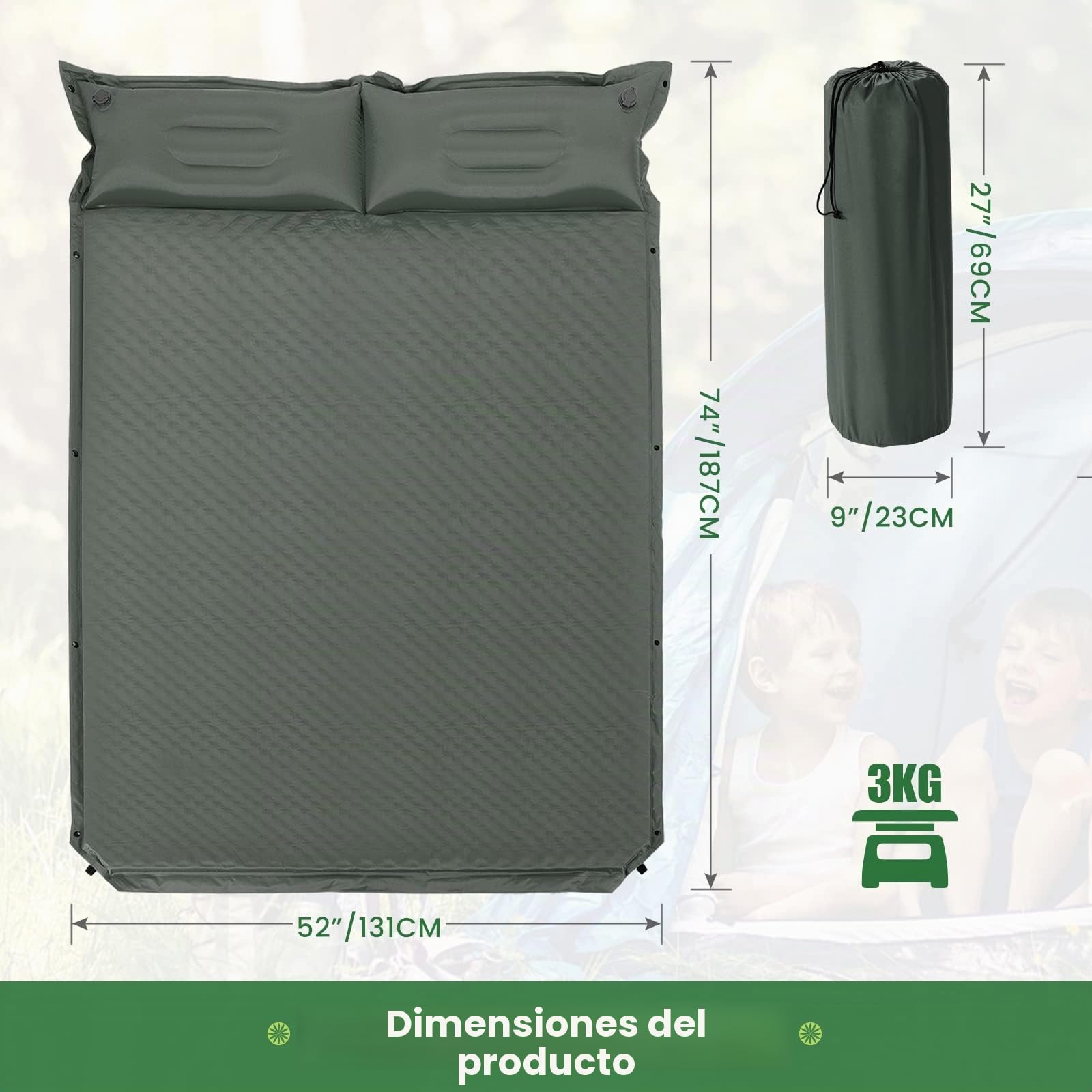 COSTWAY Colchón para Acampar con Almohada Colchoneta Autoinflable para 2 Personas Colchón Doble en Espuma para Camping Senderismo Vacaciones (Verde)