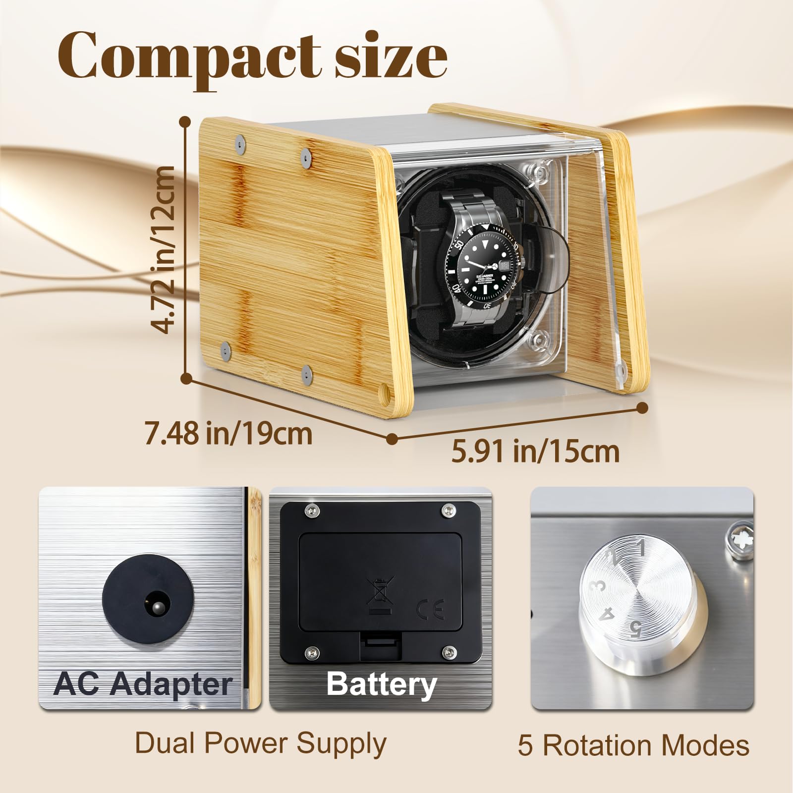 Watch Winder Smith Bambus Single Automatik Uhrenbeweger Box - Leiser Motor, 4 Rotationsmodi, passt übergroße Uhren, Geschenk für Herren und Damen Uhren