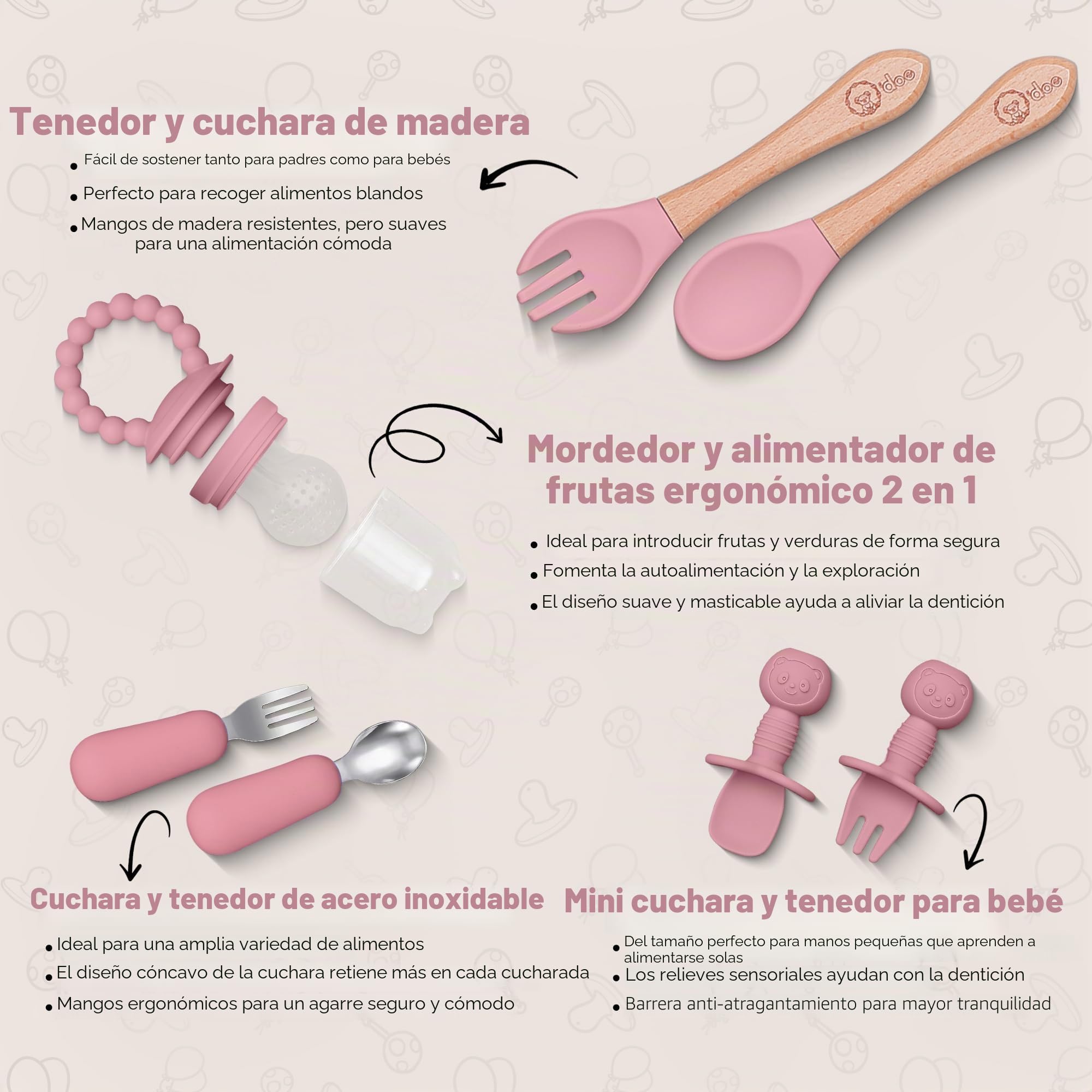 O'doe Juego de 17 piezas de alimentación de silicona sin BPA | Platos de succión gruesos y suaves, cuenco de comida para bebés, tenedor y cuchara de madera y más | Haz que la hora de comer sea