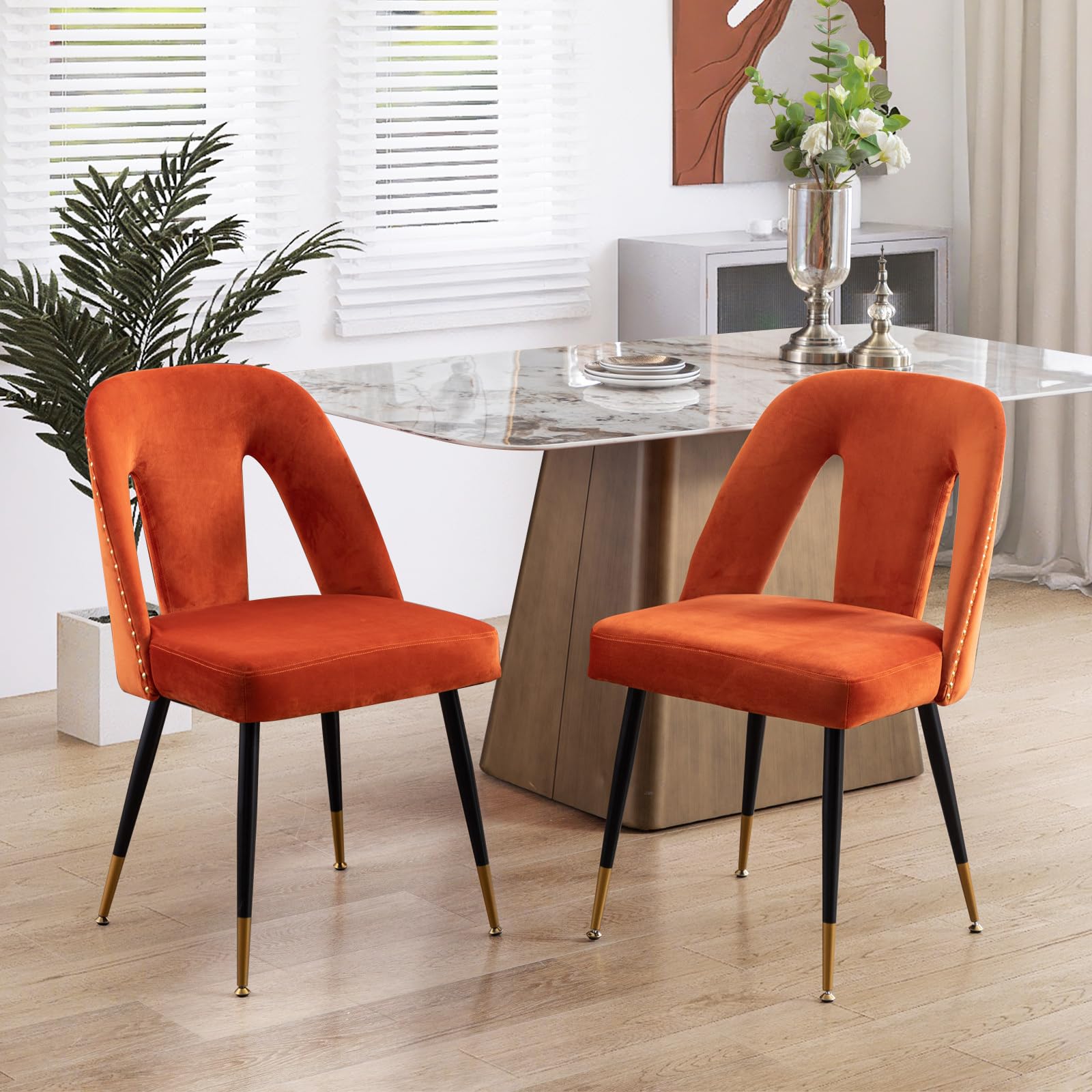 SoarFlash Modern Dining Chairs Set of 2, Velvet Upholstered Side Chairs with Nailheads and Metal Legs (Orange)