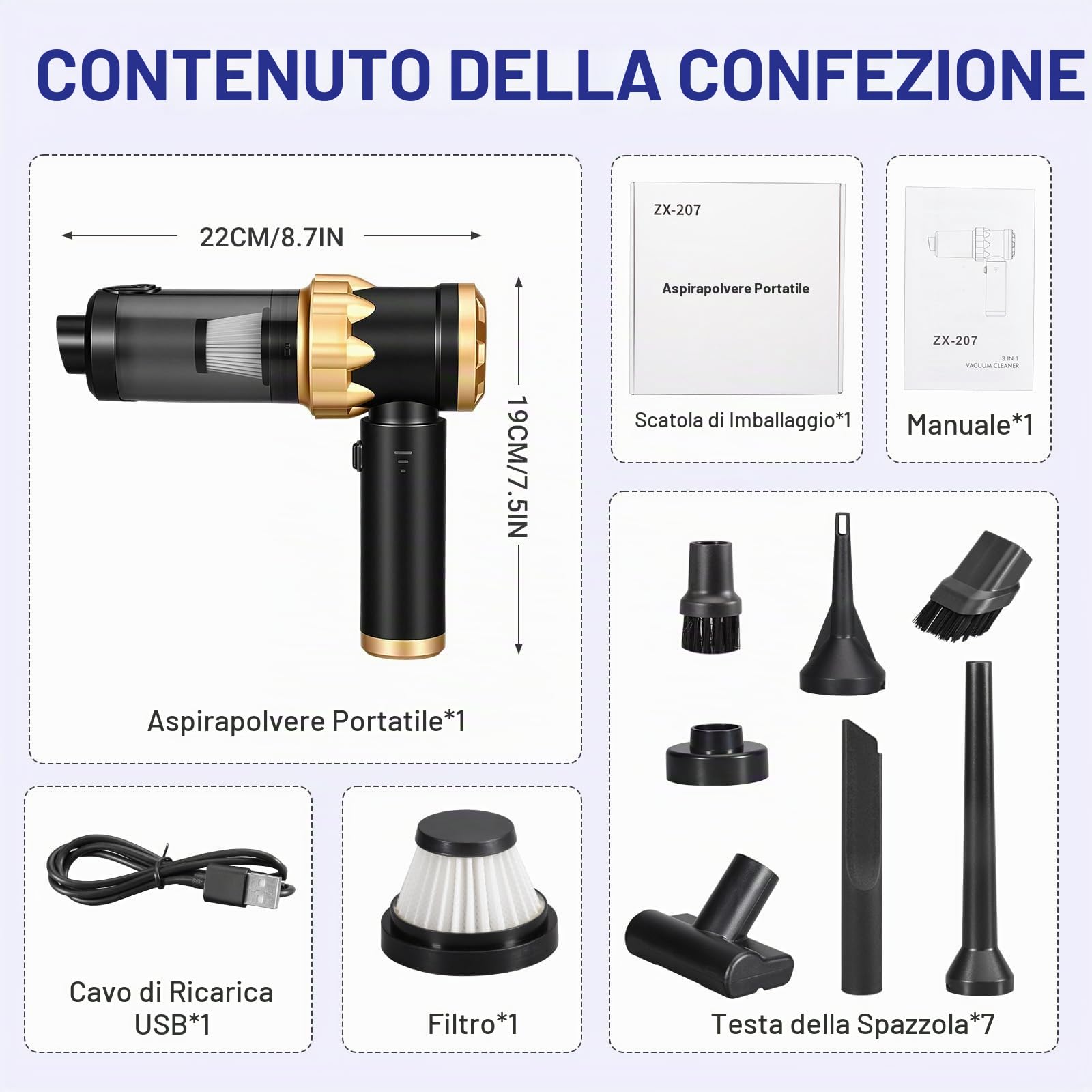 Aspirapolvere Auto Senza Fili Vacuum Cleaner, Aspirabriciole Portatile, Mini Aspirapolvere 4 in 1 26000PA, Aspira Briciole Potente Ideale per la Pulizia dell'auto e Della Casa, Oro Nero