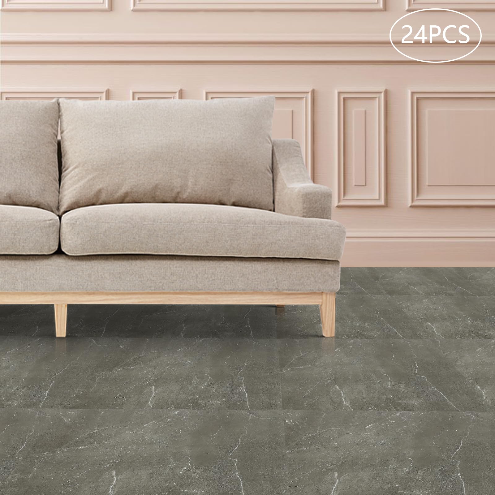 Lot de 24 dalles de sol autocollantes en PVC - 60 x 30 cm - Pour salon, chambre à coucher, salle à manger - Gris