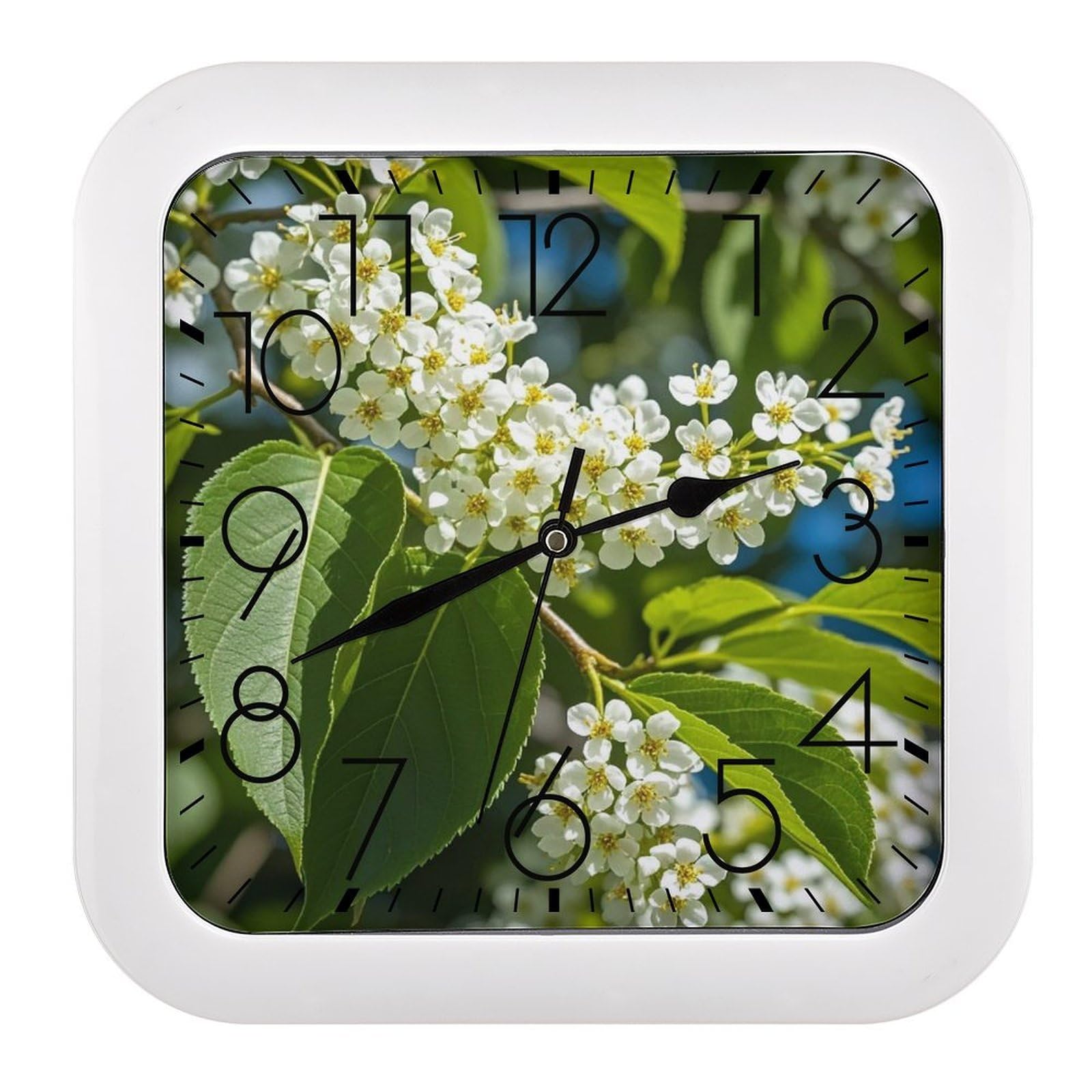 LZQPOEAS Bird Cherry in Bloom Wall Clock Fashionable Versatile Silent Wall Clock Simple Elegant Non Ticking Analog Clocks Easy to Install Square Modern Clocks for Home Decoration