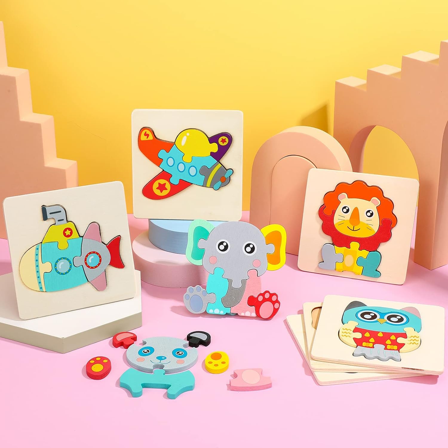 Jeu de puzzles en bois Fidtoy avec des planches de puzzle colorées d'animaux et de véhicules pour enfants