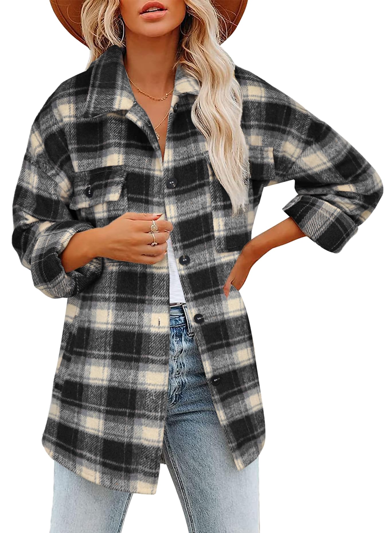 Beaully Women's Flannel Plaid Shacket Long Sleeve Button Down Shirts Jacket Coats with Side Pockets