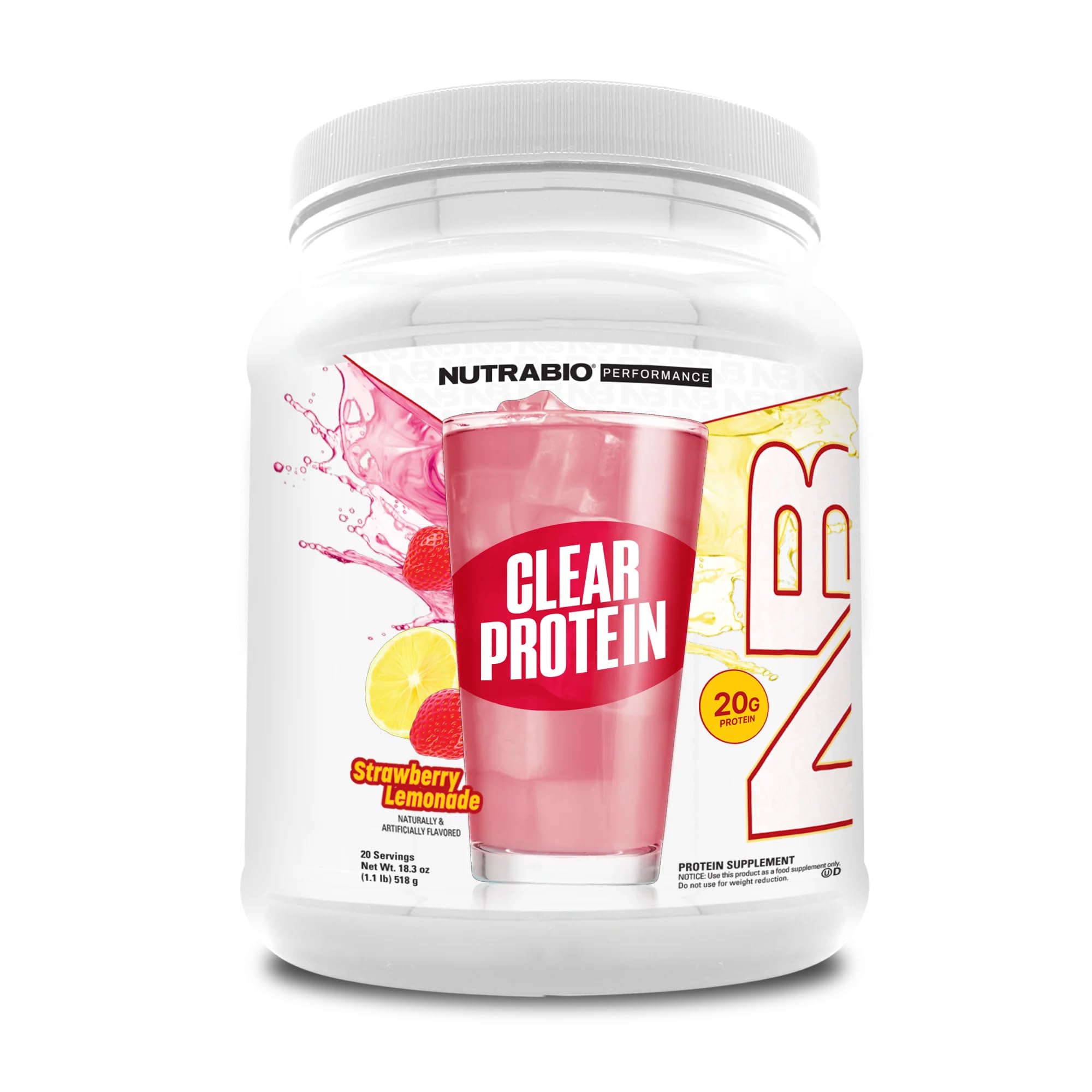 NutraBio Clear Protein Powder, Strawberry Lemonade - 20 Servings, 20g Clear Whey Protein Isolate, 0 Sugar, 0g Lactose, Refreshing Fruit Flavors, GLP1 Support -Bone Health -Muscle Post Workout Recovery