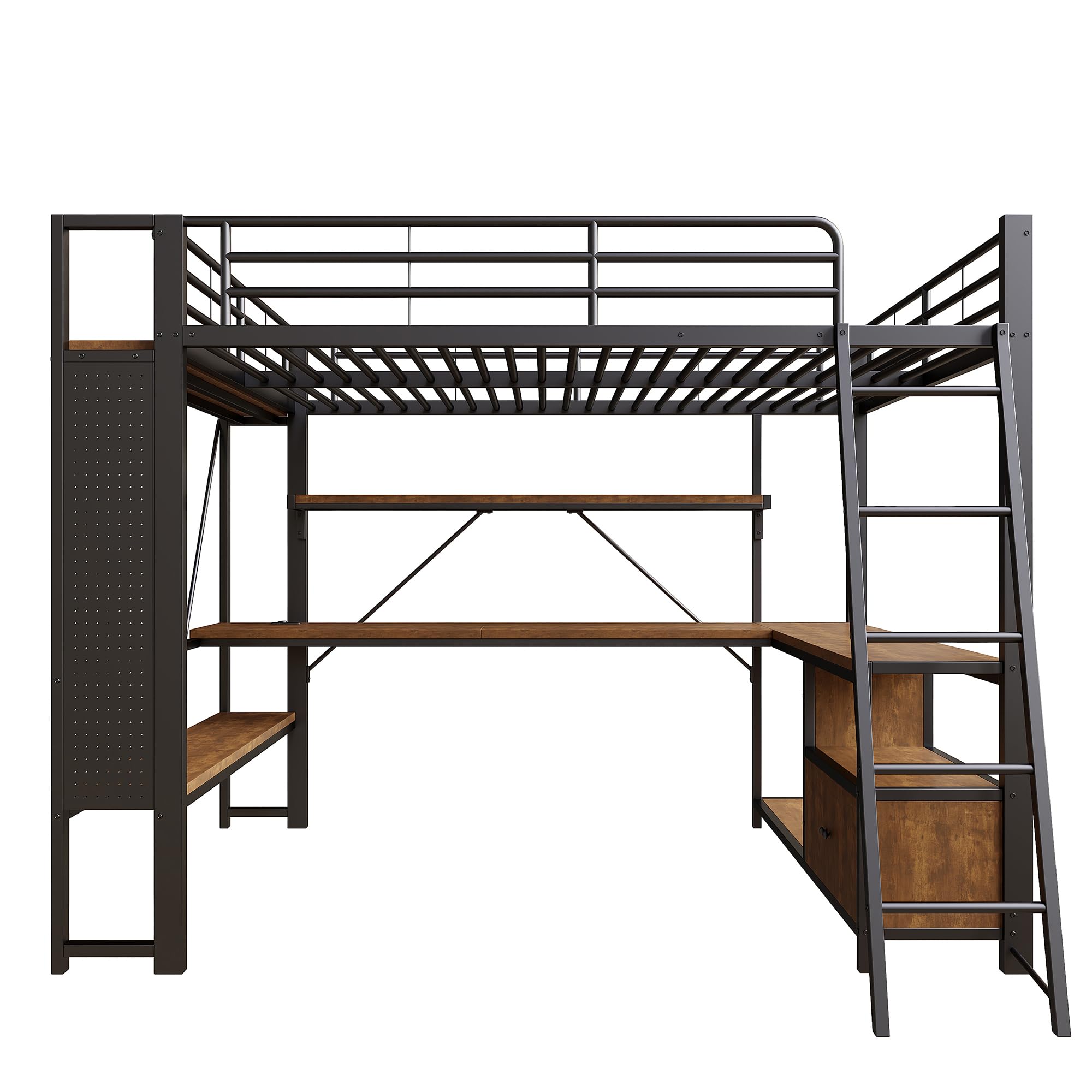 Cama alta de hierro 140 x 200 con LED, USB, escritorio, almacenamiento, estantes, panel perforado, negra