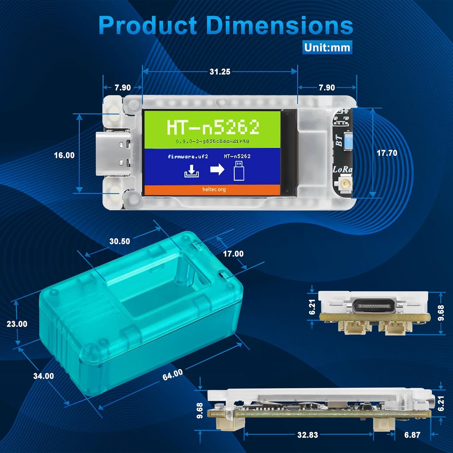 Product Dimensions of the Mesh Node T114 in millimeters, showing length, width, and height of the board and case.