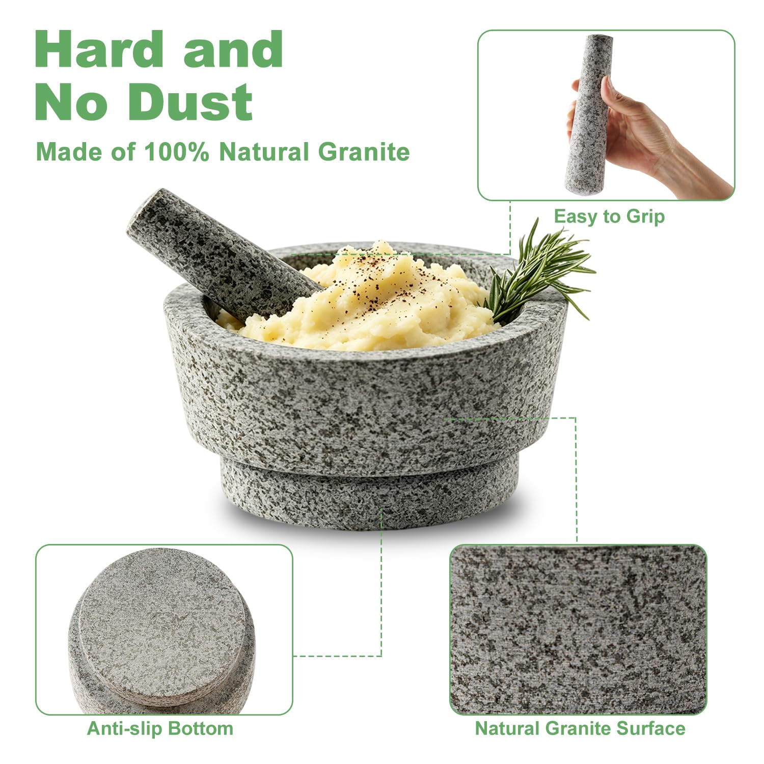 Mortero y pilón – Cuenco de granito sin pulir para moler especias, mortero de salsa de aguacate para el día familiar y mortero de 7.1 pulgadas, 5.5 tazas, molcajete mexicano, molinillo manual de