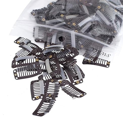 Miniatura 1 de SWACC 100 clips metálicos en forma de U para extensiones de cabello, extensiones de cabello, clips de peluca de peine a presión con goma (marrón, 9