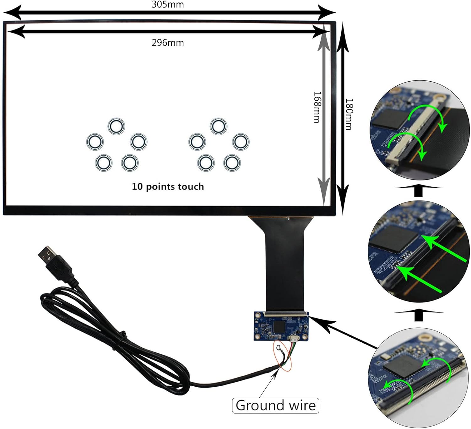Capacitive Touch Panel,13.3" Touch Sensor with USB Controller Card,Work for 13.3 inch VS133GF-B001 1920x1080 LCD Screen