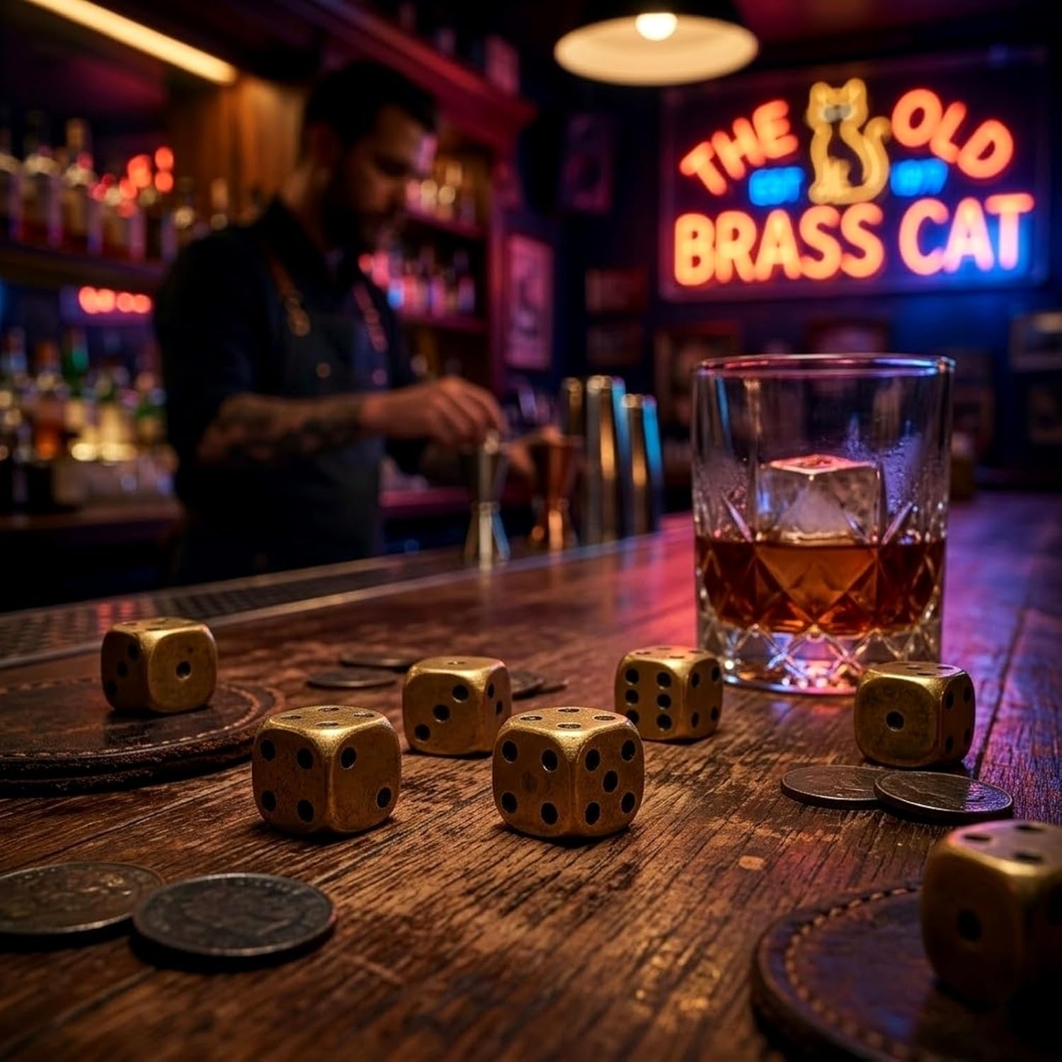 LOGOFUN 6pcs Solid Brass Dice Metal Dice Tables Board Game Props Small Craft Party Supply 1.10X1.10X1.10cm/0.43X0.43X0.43in