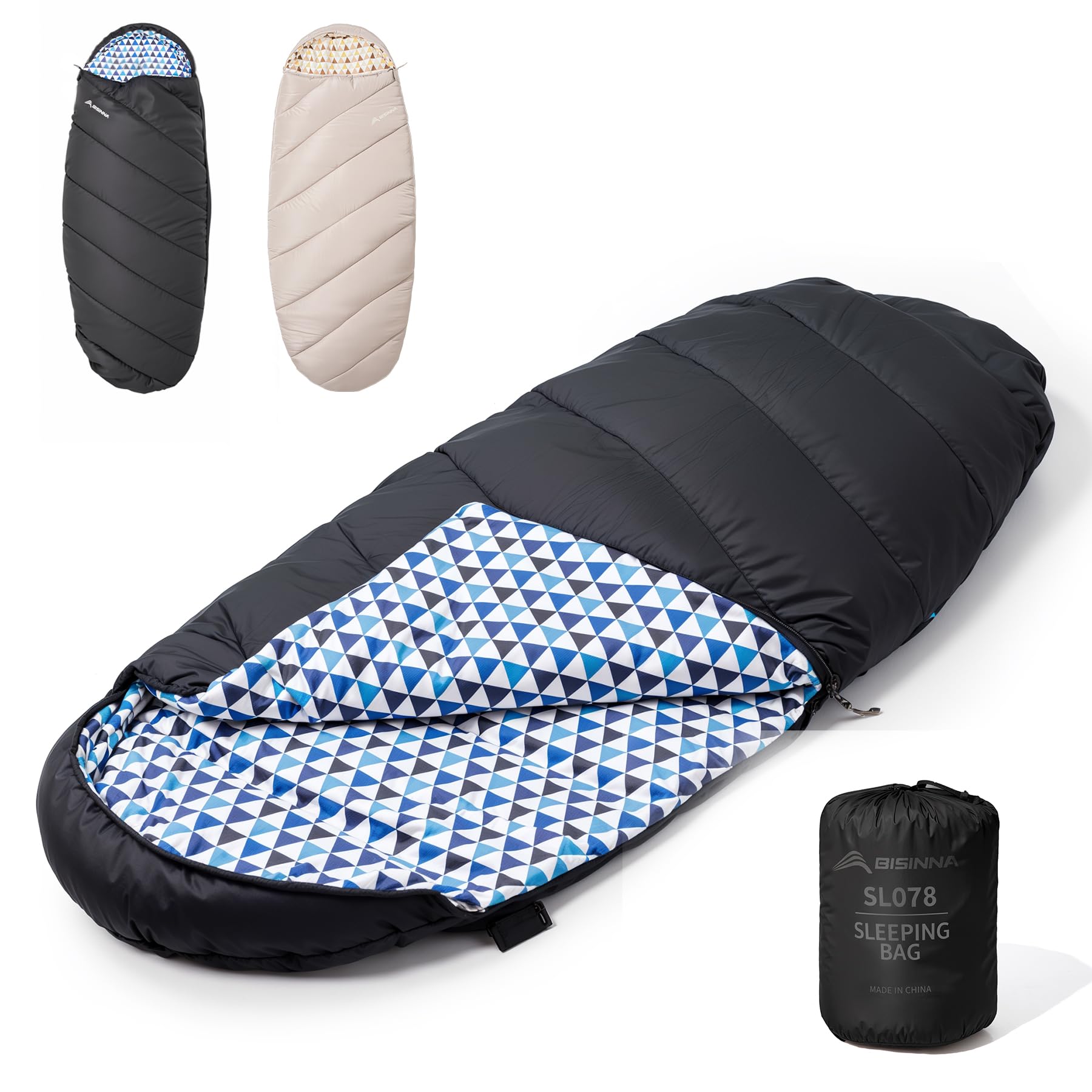 BISINNA Sac de couchage XL en flanelle pour adultes - Pour temps chaud et froid - 3 à 4 saisons - Doublure 100 % coton - Grand sac de couchage pour randonnée, voyage, intérieur et extérieur