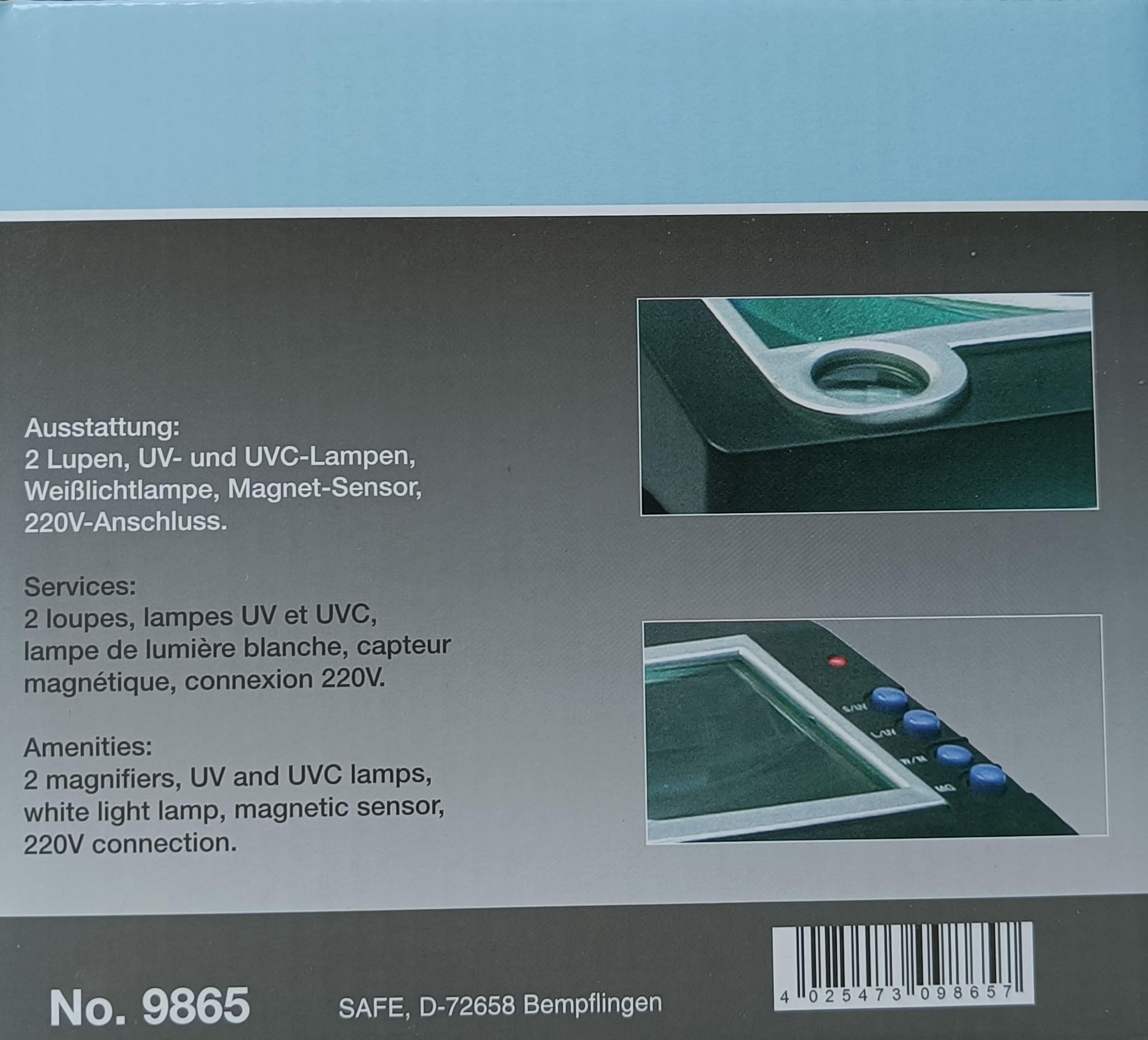 UV Prüfgerät für Banknoten, Briefmarken & Münzen | 2,5x & 12x Lupe | UVC & UV Licht | Durchlicht | SAFE 9865 Prüfgerät Philalux 3 mit Graphit-Detektor