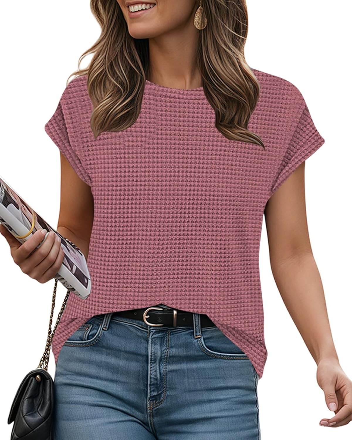 Summer Tops for Women Waffle Knit Tunic Shirts Cap Sleeve Knit Pullover Tank Top Fashion Clothing