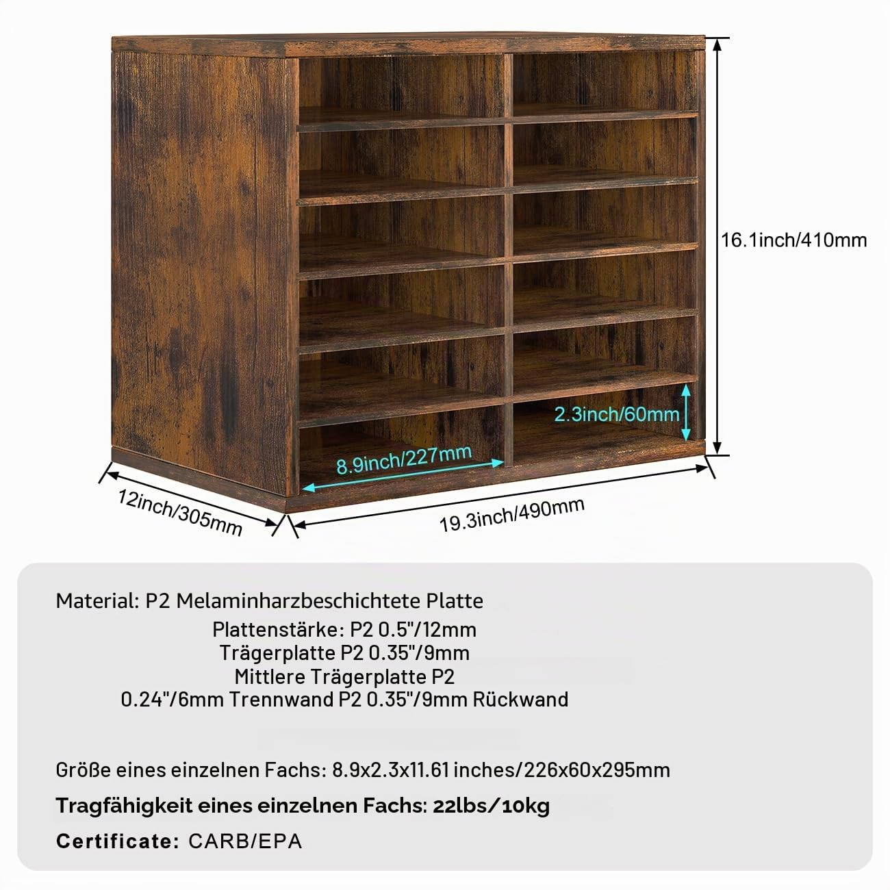 PAG 12 Fächer Verstellbarer Dokumentenablage aus Holz,Holz-Literatur-Stehsammler,Aktensortierer Briefablage A4 Zeitschriftenständer,für Büro/Zuhause/Schule,Retro-Braun