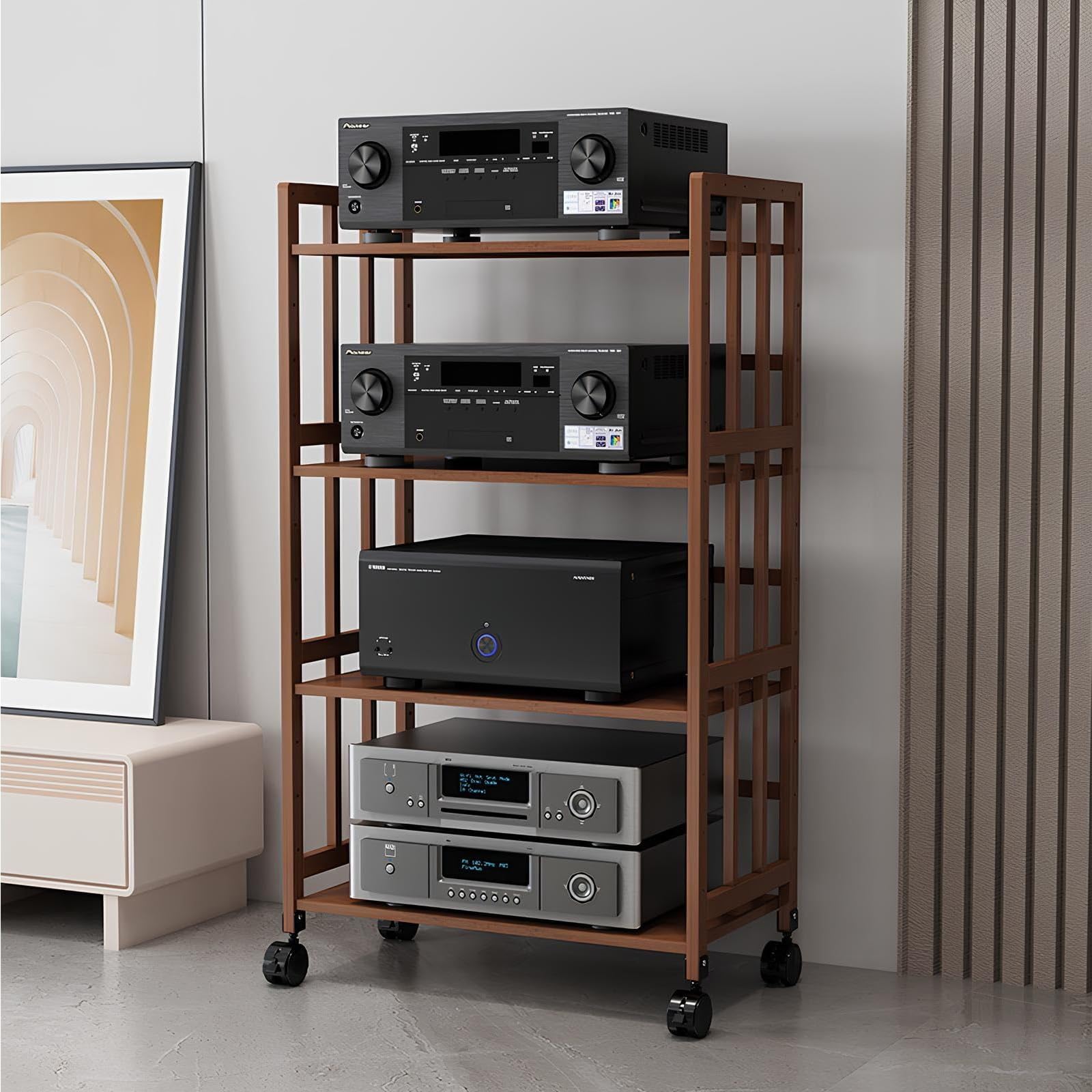 Nowoczesny brązowy stojak na nośniki AV, narożny regał audiowizualny, 4-półkowa, konsola do gier, odtwarzacz płyt i wieża stereo do domowych mebli rozrywkowych