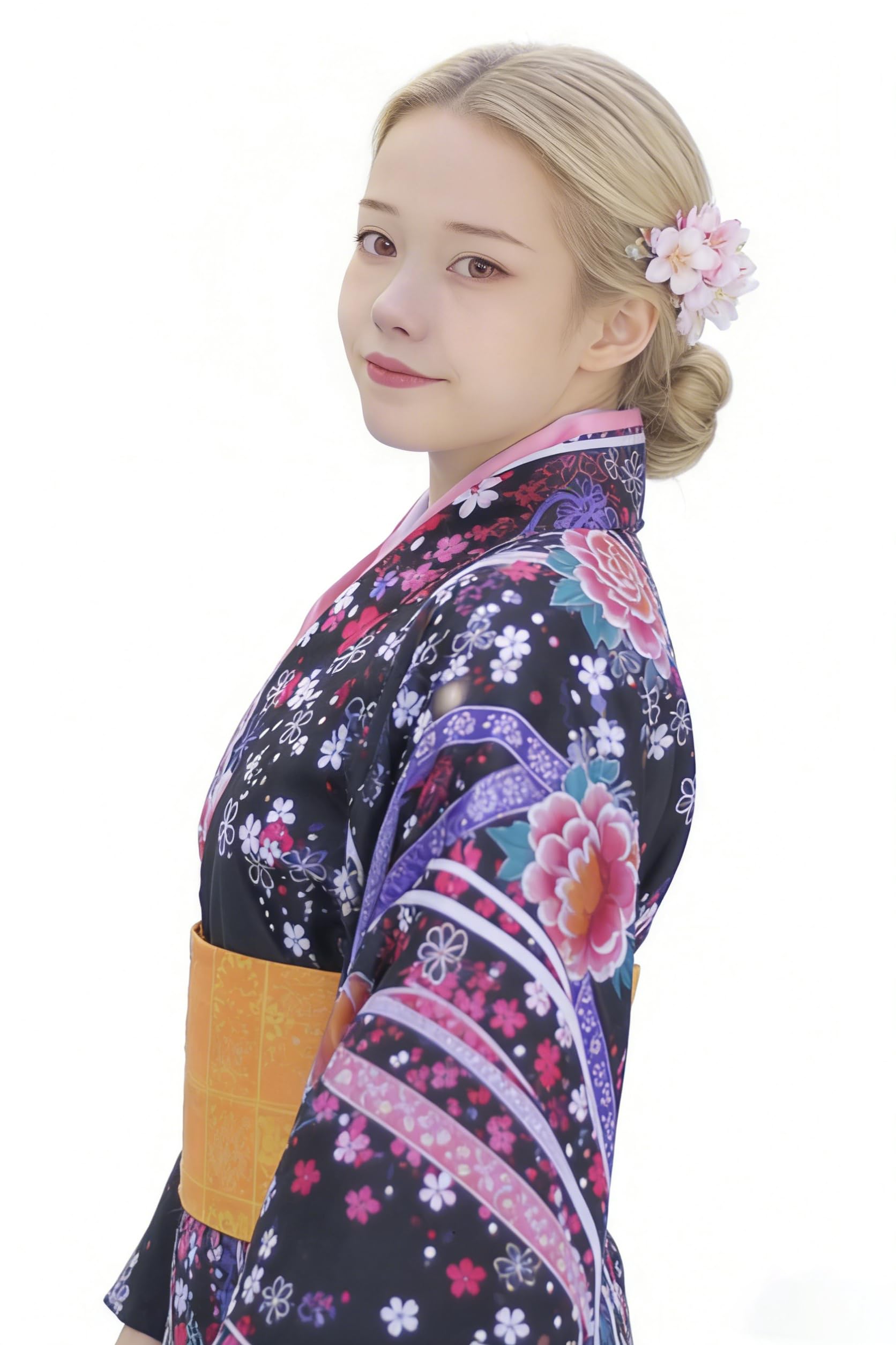 Robe kimono traditionnelle japonaise à motif floral noir et rose pour femme, robe yukata style geisha avec tissu satiné, tenue cosplay