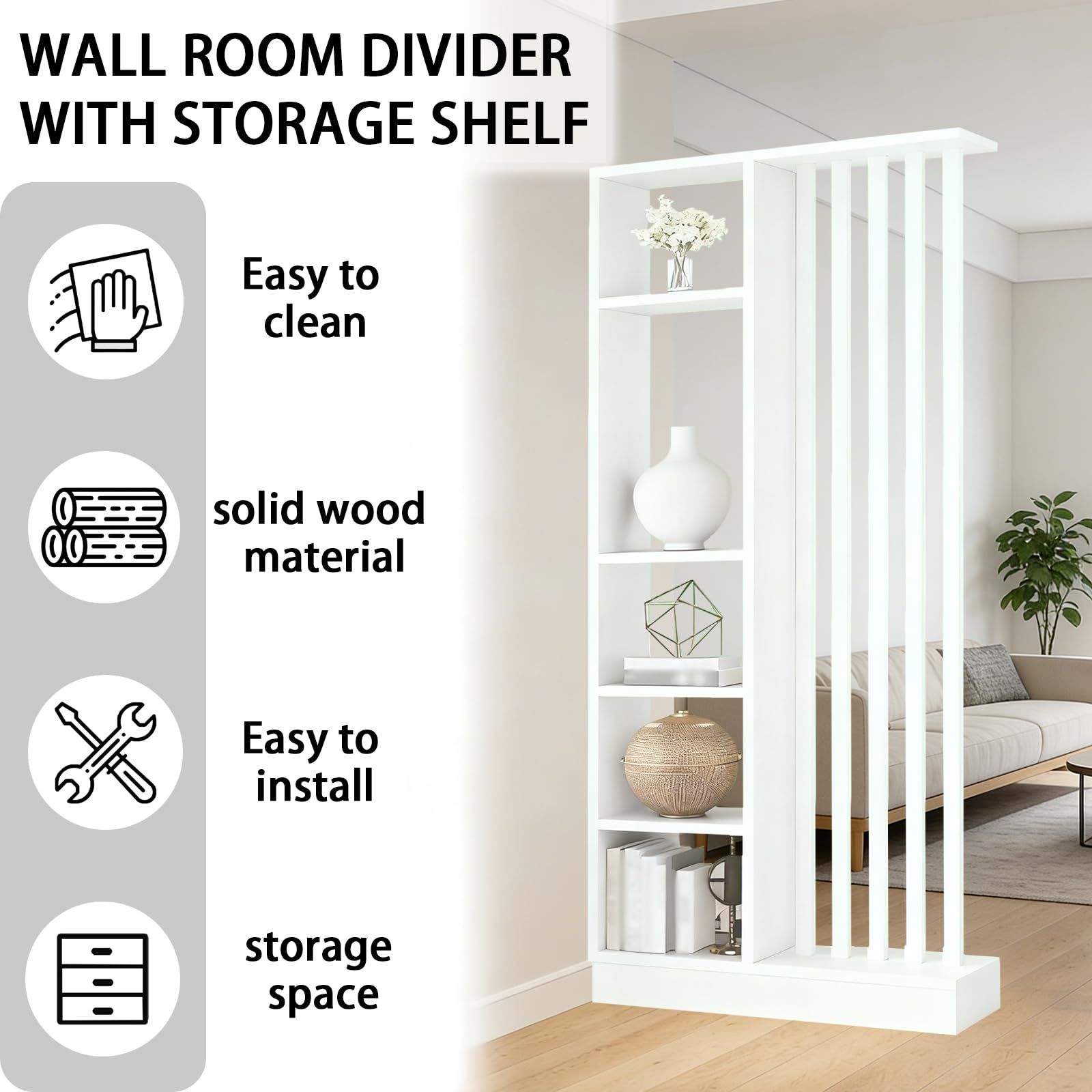 Dispissione della sala da parete con scaffale di stoccaggio, schermata della partizione dell'ingresso pavimento al soffitto, realizzato in legno massiccio, facile da assemblare (B White+White, 80cm)