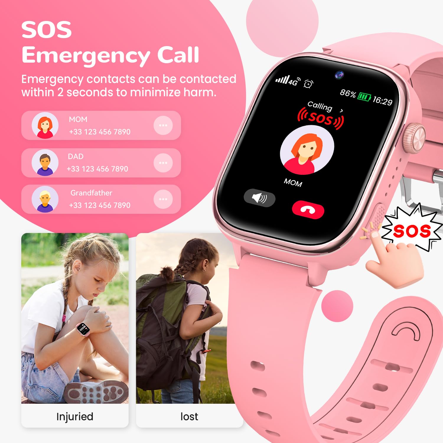 RUXINGX Smartwatch Kinder GPS, Kinderuhr mit Telefon und SOS (Rosa) | HD Videoanruf, Voice Chat, Schulmodus, Wecker, Schlafen, IP68 Wasserdicht, SMS, Schrittzähler, Geschenke für Mädchen Jungen
