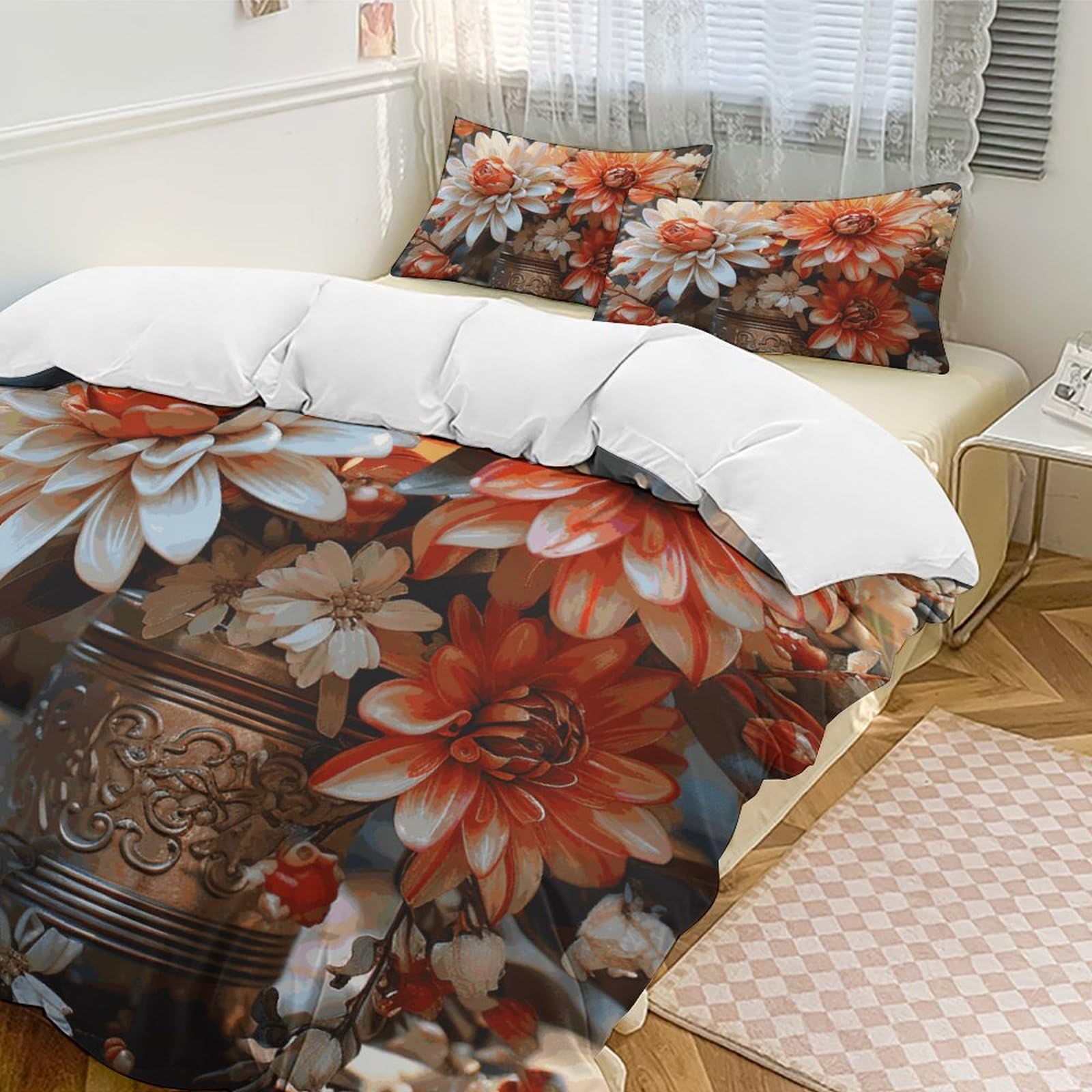 Parure de lit 3 pièces fleurs oranges en microfibre légère 178x218 cm pour chambre adulte