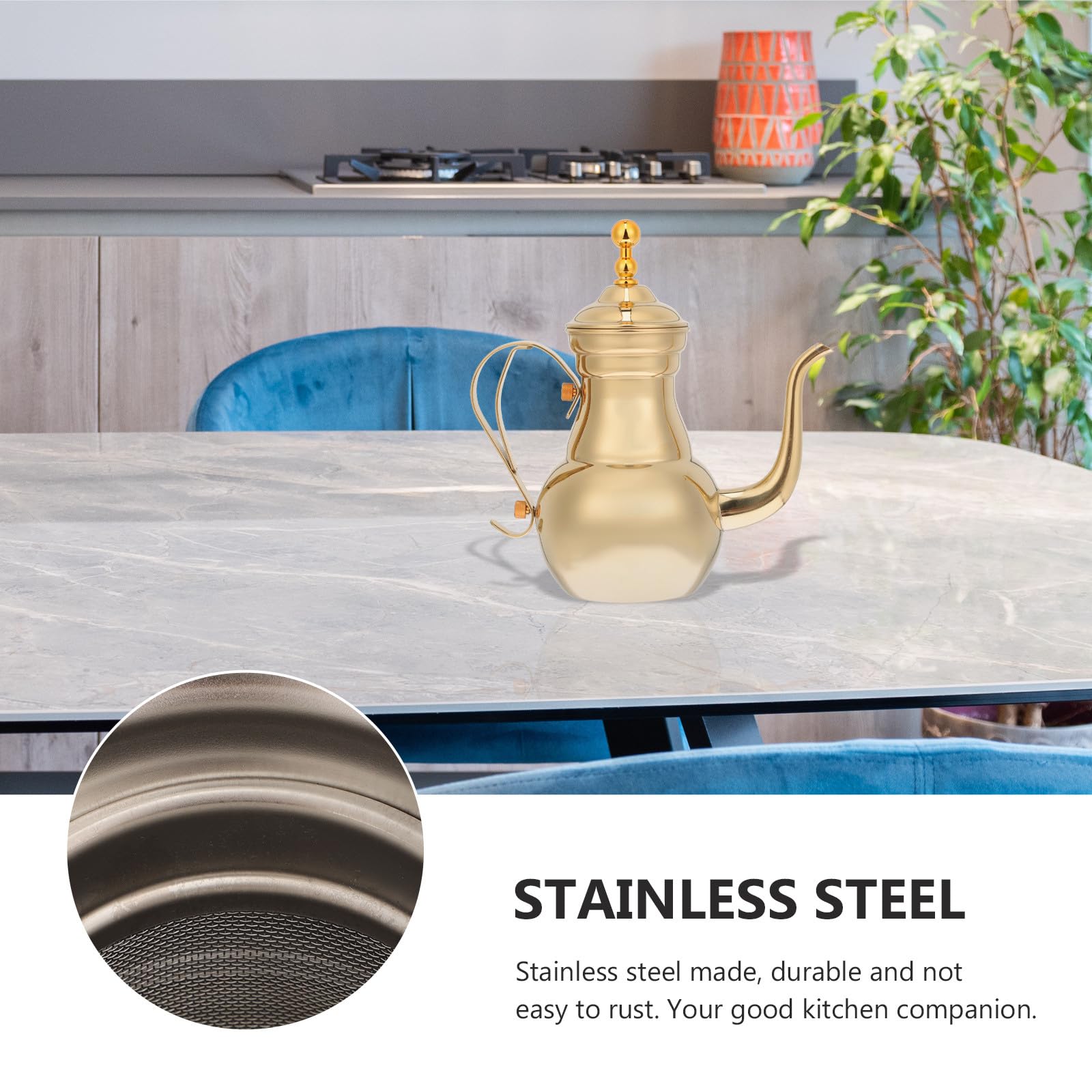 TOYANDONA Caffettiera da Caffè Filtro in Acciaio Inox Stile Mediorientale | Beccuccio, Impugnatura Ergonomica, Finitura Oro, Adatta per Ufficio e Caffè