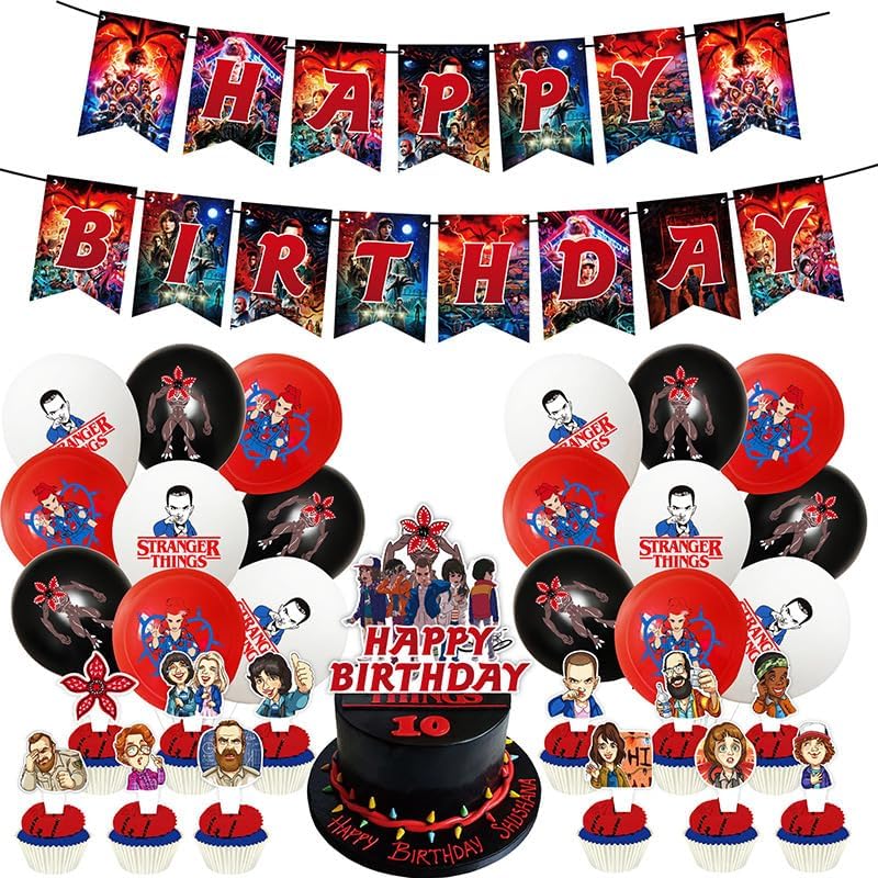 Stranger 5 TV Party Decorations Set, Movie Theme Party Supplies Includes Banner, Balloons, Cake Topper, Cupcake Toppers, Suitable for Boys Girls Themed Birthday Party Decorations