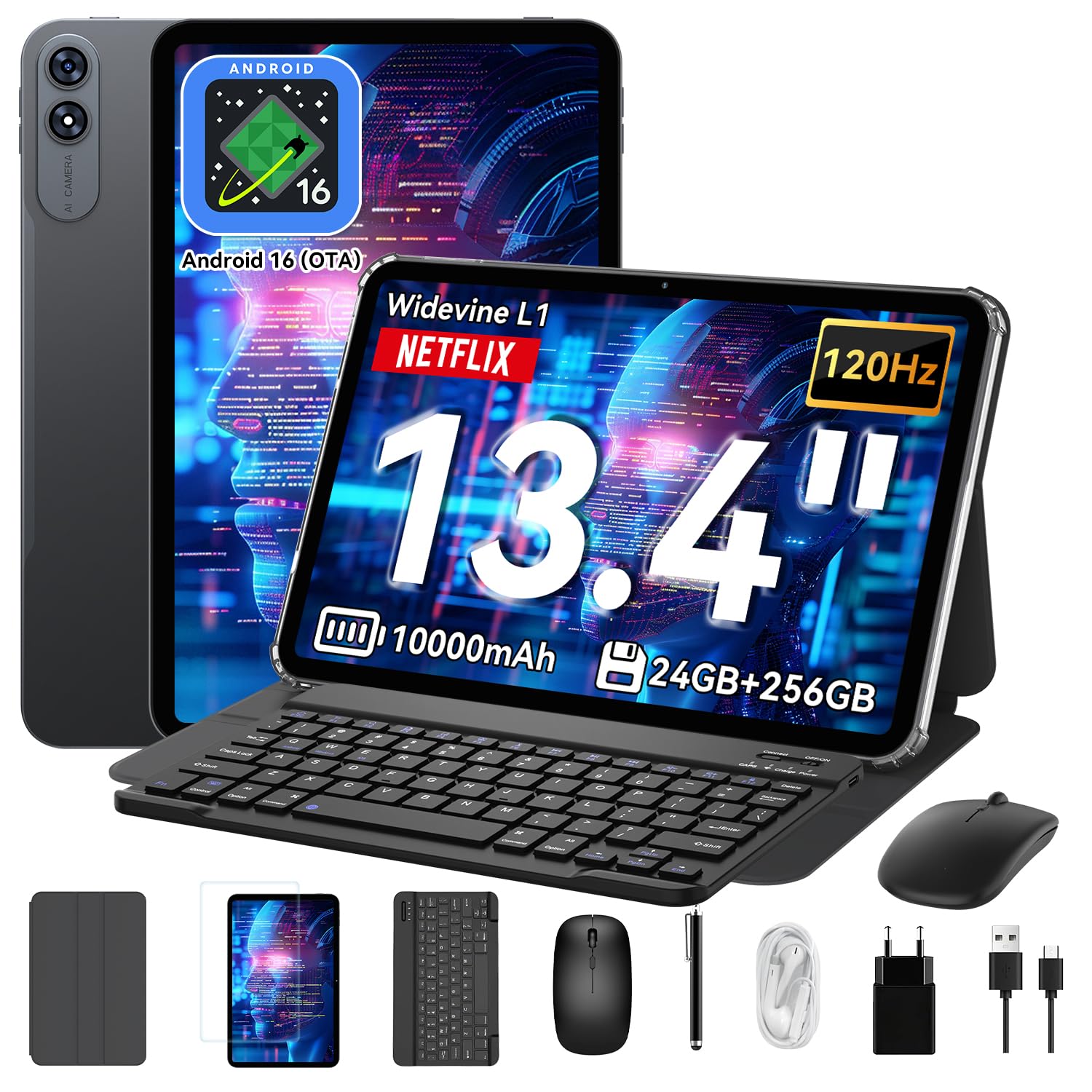 T60 Pro 13,4 Zoll Tablet mit Tastatur, Android 15→16 (OTA), 120Hz Display, 24GB RAM + 256GB ROM, 10000mAh, Widevine L1, Octa-Core Gaming Tablet für Studium,Arbeit,inkl. Stift & Maus, 4 Jahre Garantie