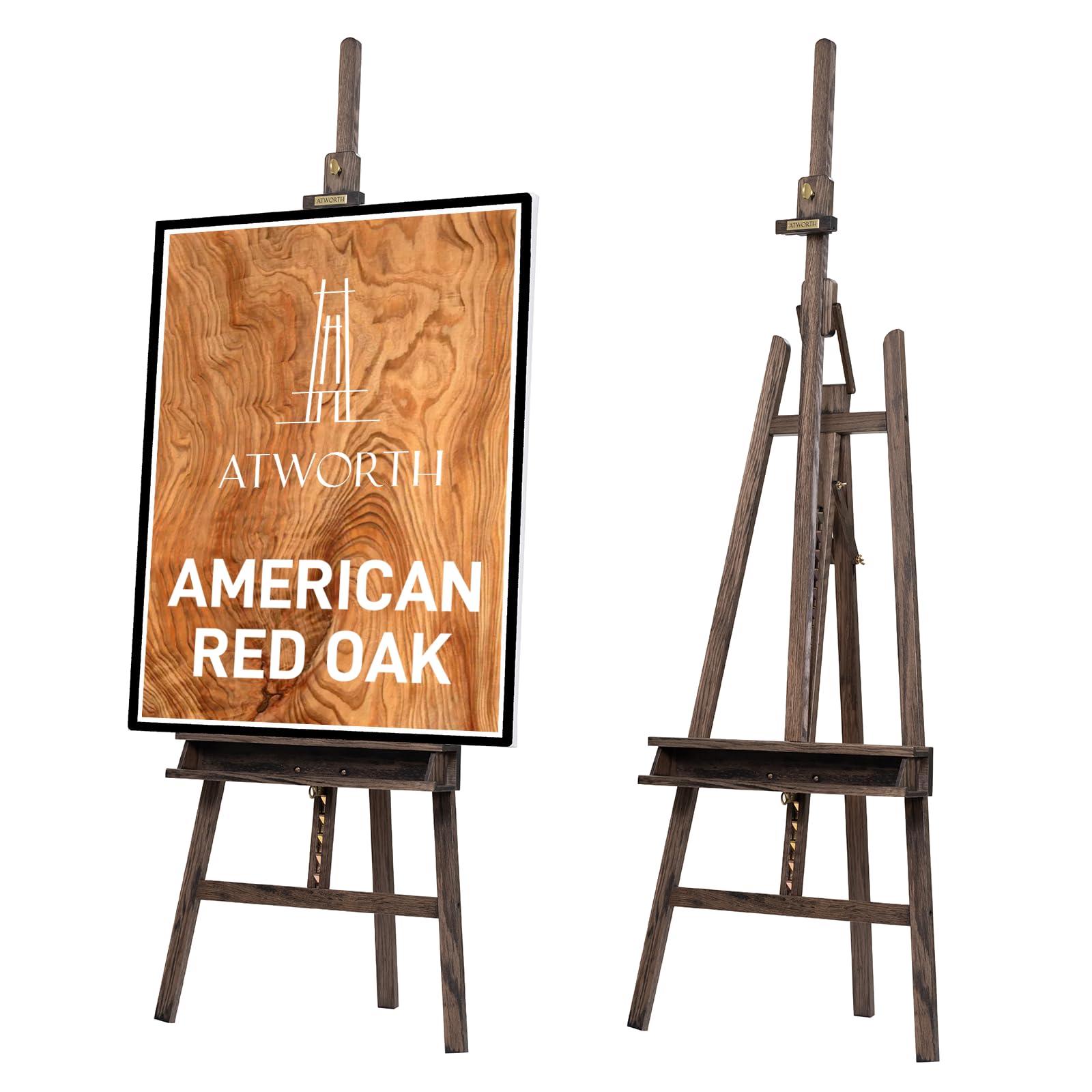 American Oak Inclinable Studio Art Easel, Hold Canvas up to 48”, Deluxe Wooden Large Adjustable A-Frame Lyre Style Floor Painting Easel Stand with Storage Tray, Grey Walnut FinishThe Forest Stewardship Council