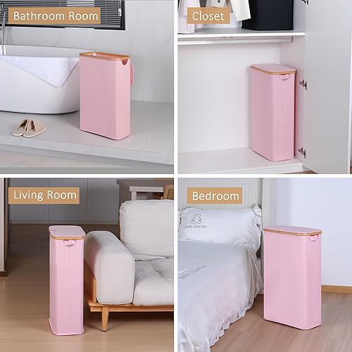 Miniatura 7 de iEGrow Cesta de lavandería delgada de 60 litros, cesta estrecha con tapa, cesta de ropa plegable con asas de bambú, cesta con bolsa interior