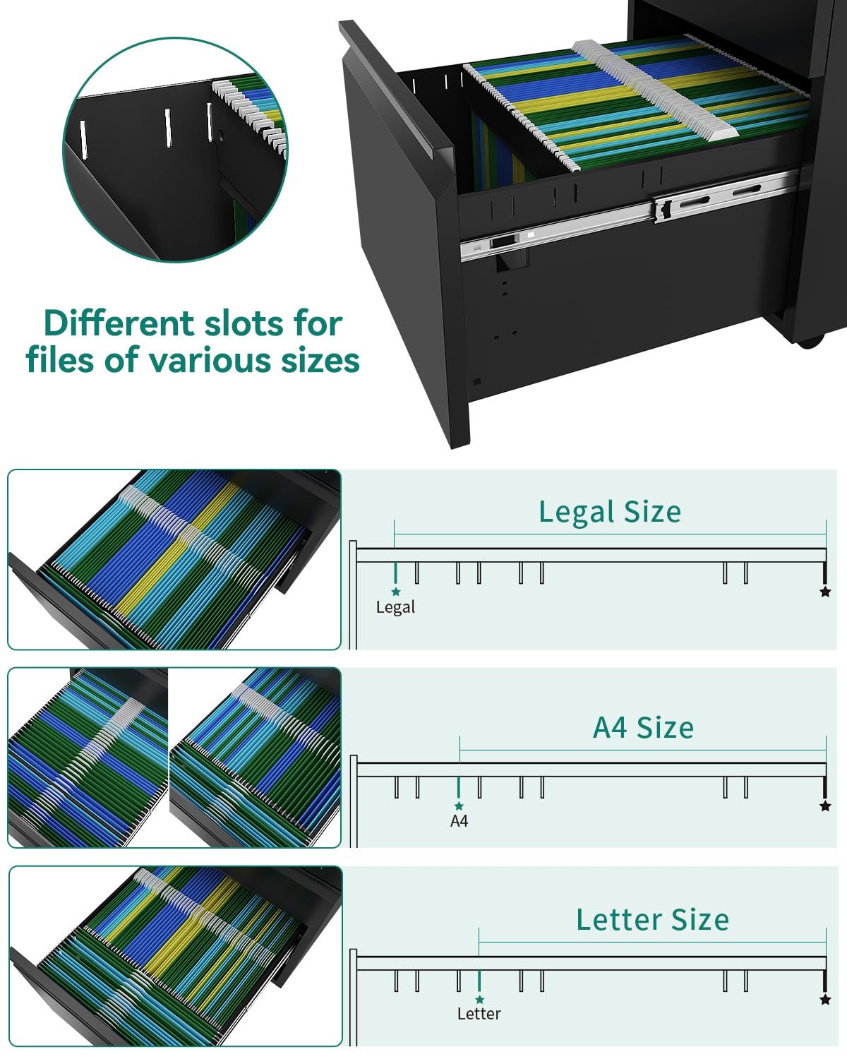 YITAHOME Armadietto portadocumenti completamente assemblato con serratura a 3 cassetti per lettere/legale/A4, per ufficio e casa mobile con ruota, nero, 46x39x62 cm